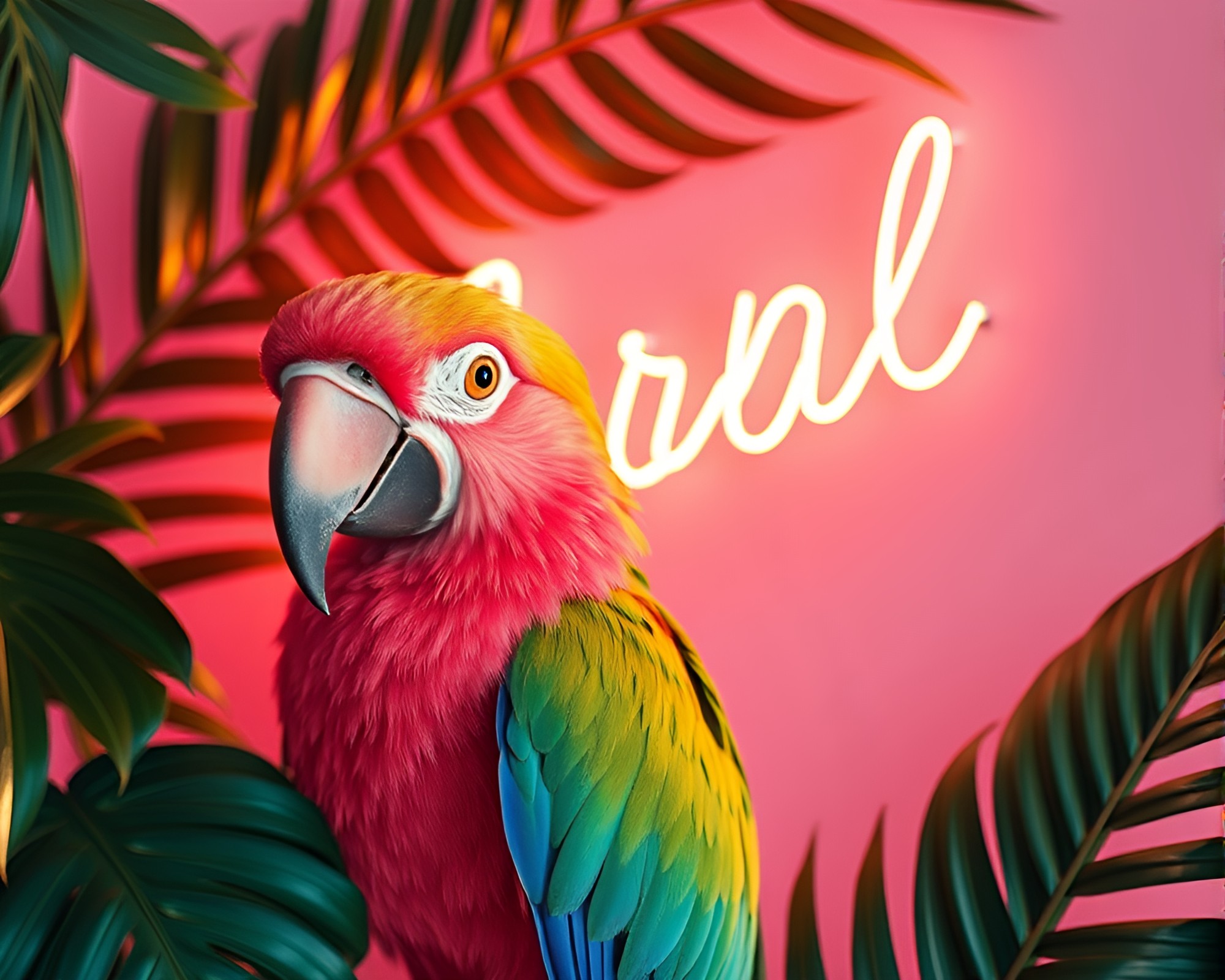 Neon Tropical Parrot with Gold Foil Highlights – free AI stock image