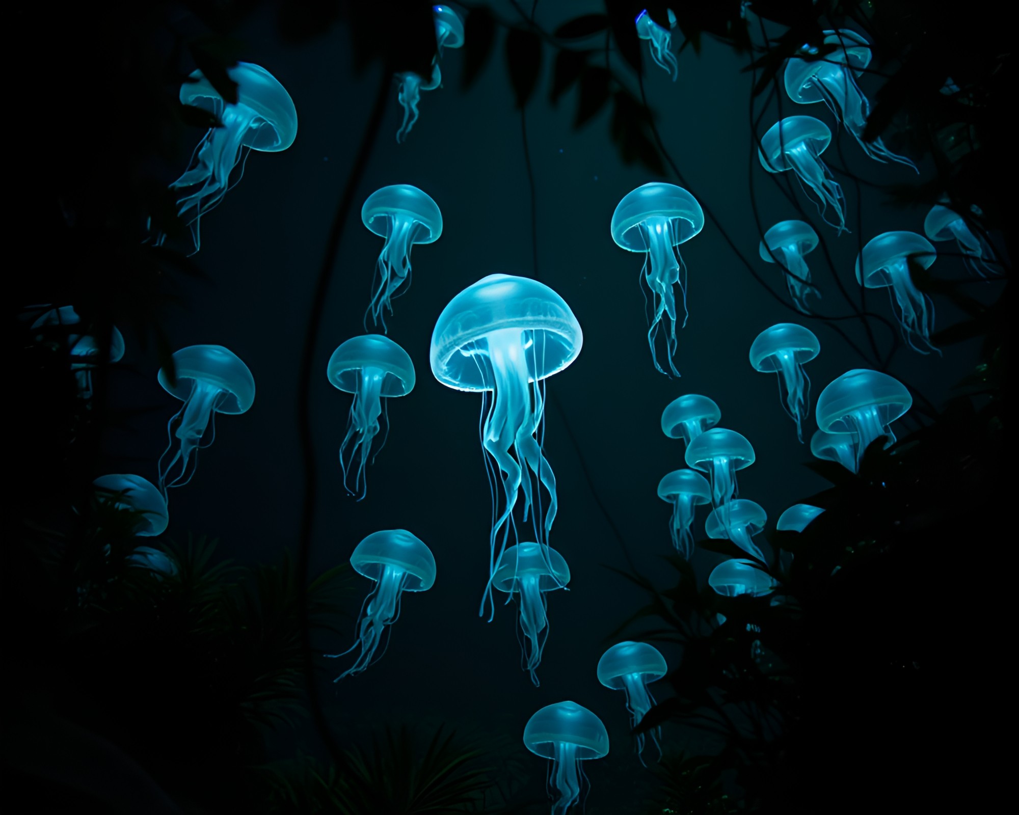 Bioluminescent jellyfish in jungle canopy noir frame – free AI stock image