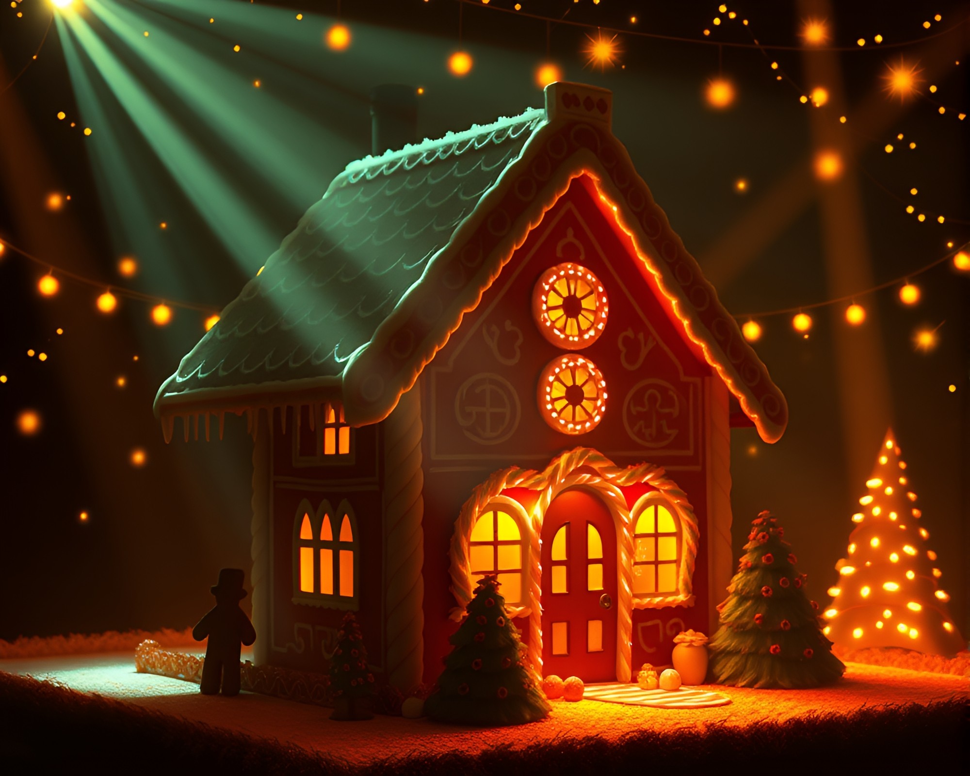Golden Gingerbread House under Club Strobe Lights – free AI stock image