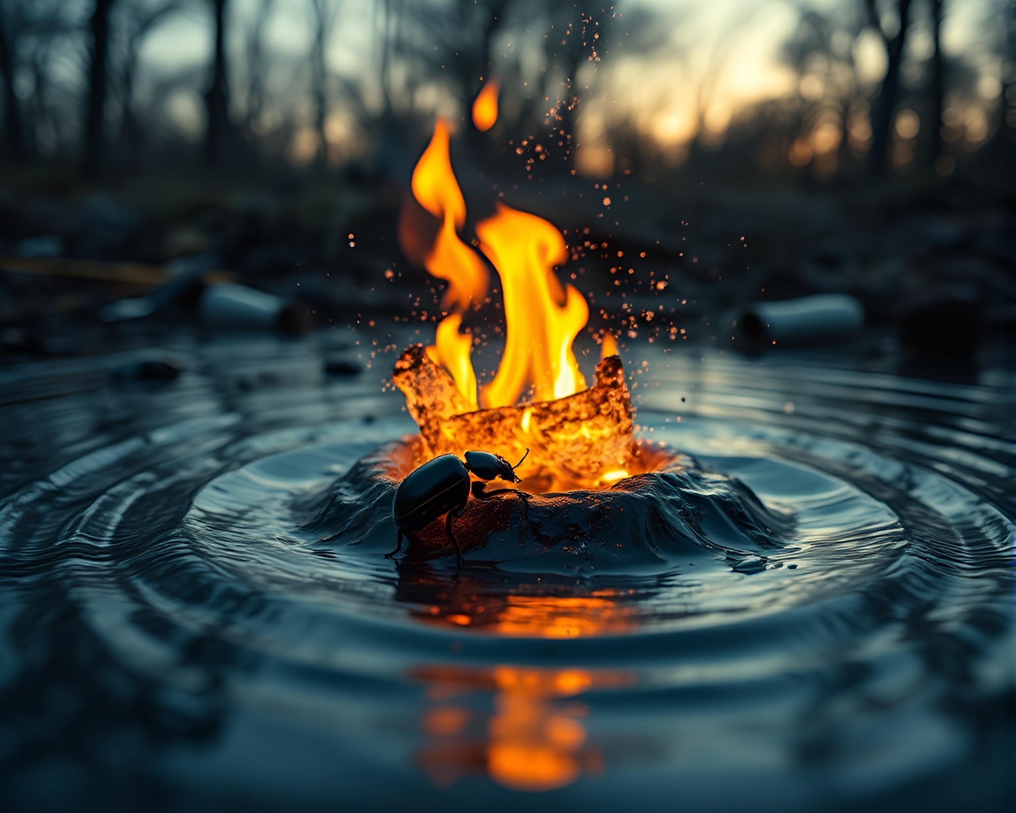 Water Whirlpool Beetle Bonfire Warmth Wide-Angle Composition – free AI stock image