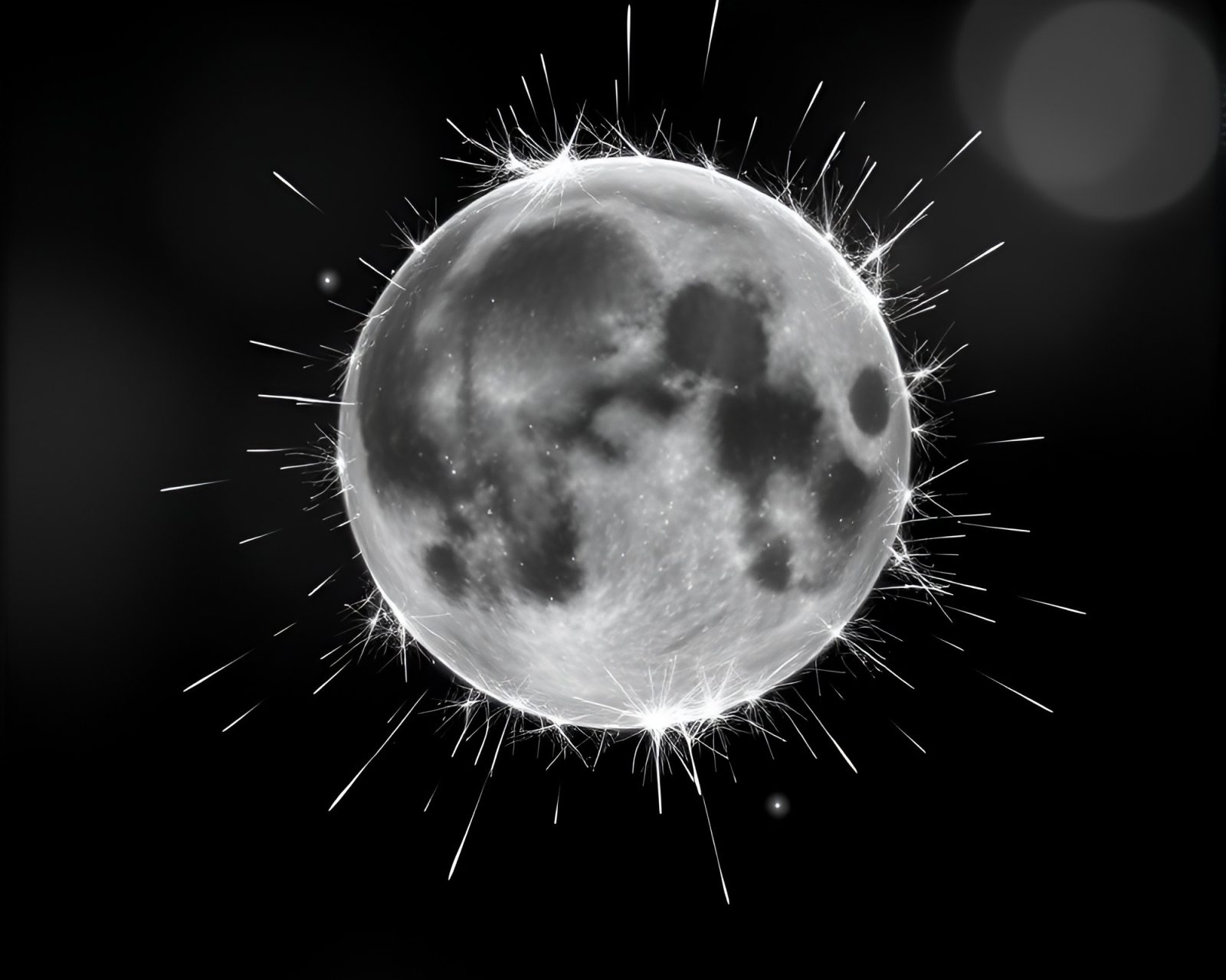 Glass orb surrounded by sparkler trails in a grayscale setting