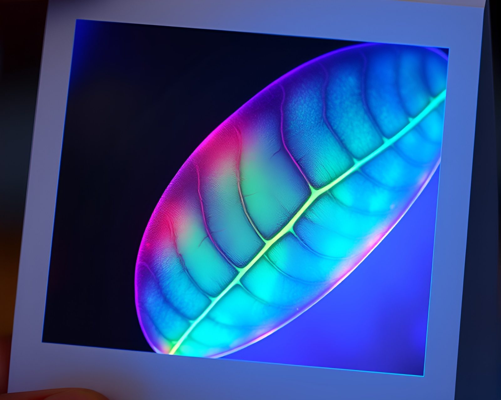Shimmering holographic creature engulfed in intricate leaf vein designs
