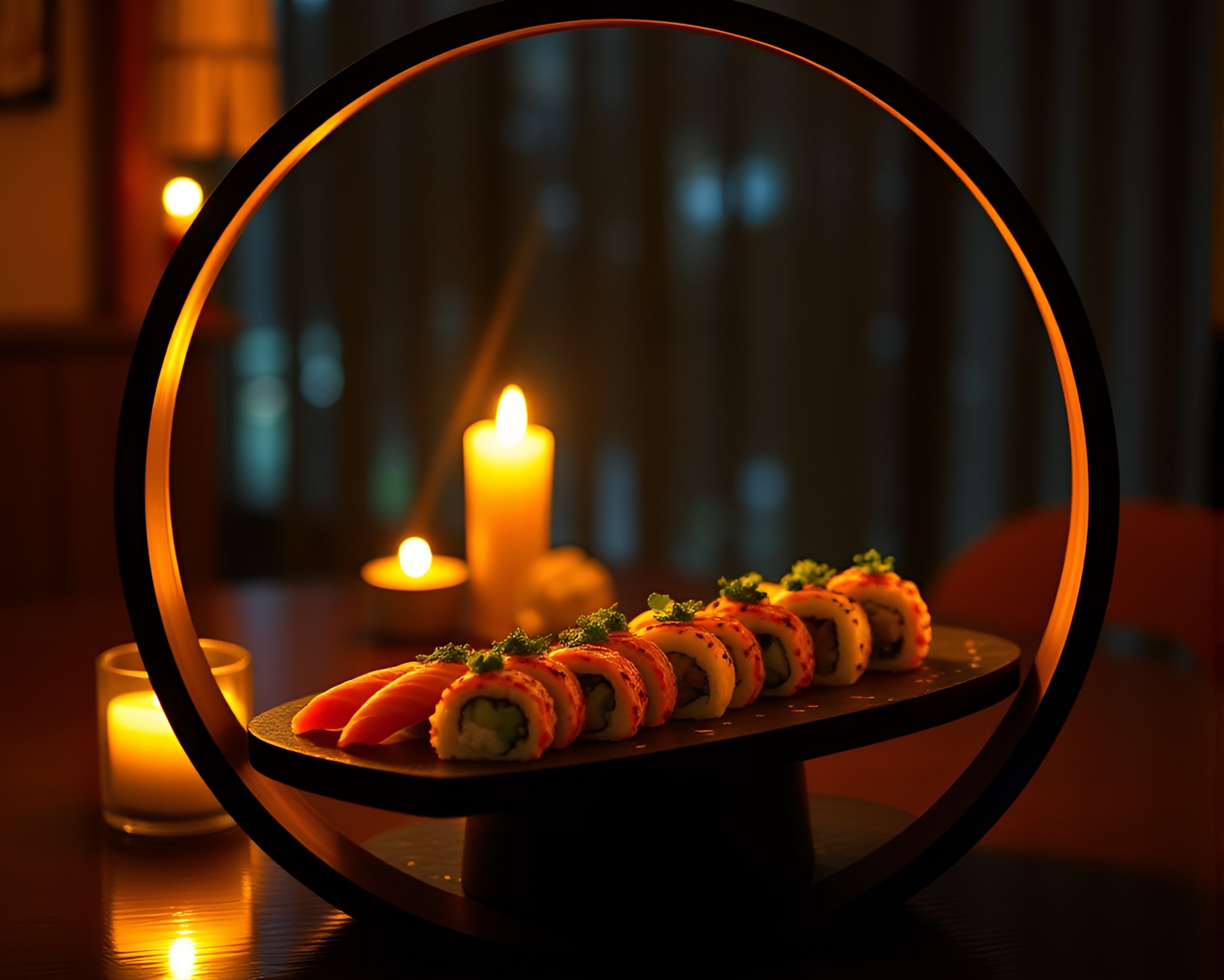 Circular Sushi Platter in Candlelit 80s Ambiance – free AI stock image