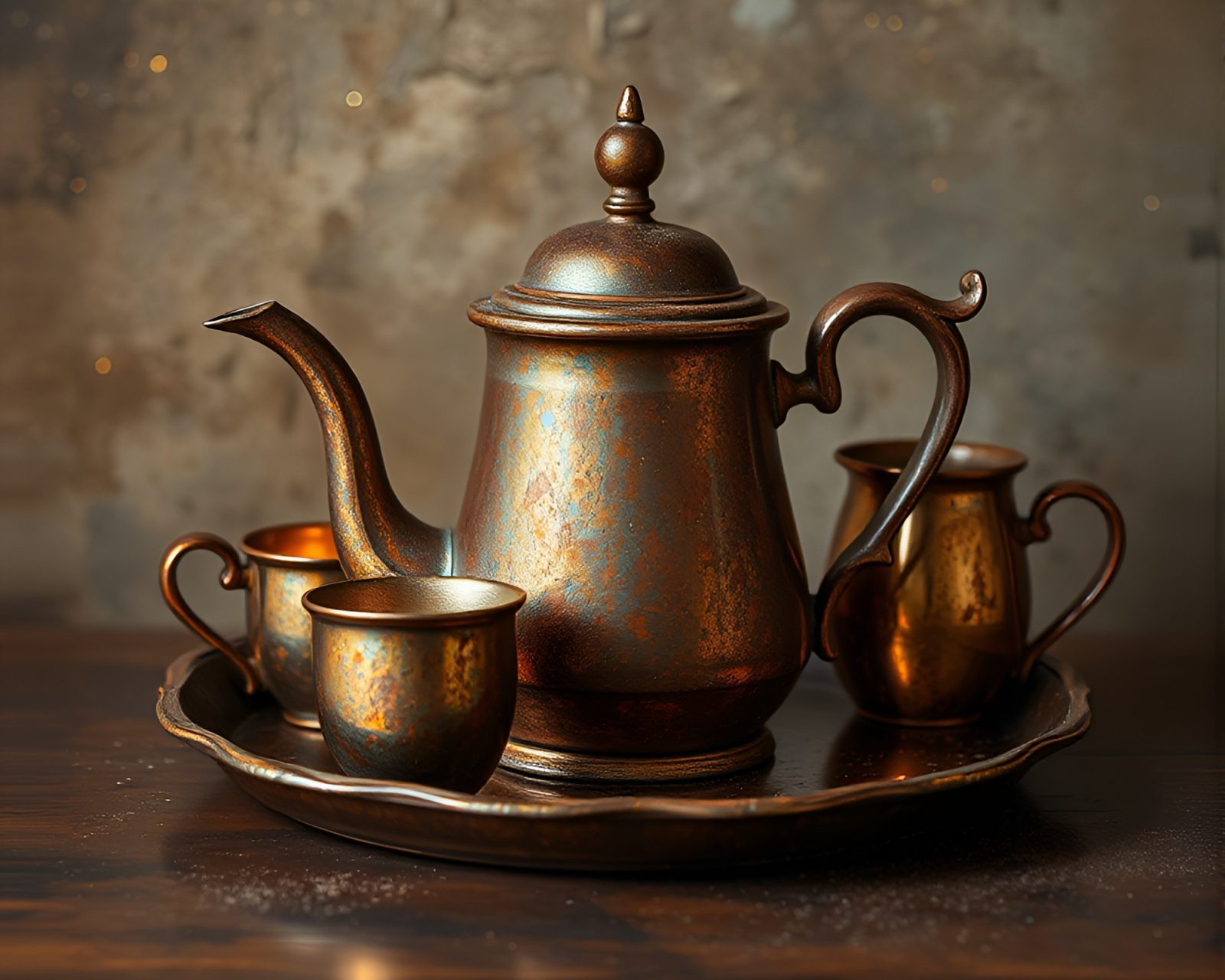 Vintage tea set covered in rust patina, glowing with stardust shimmer