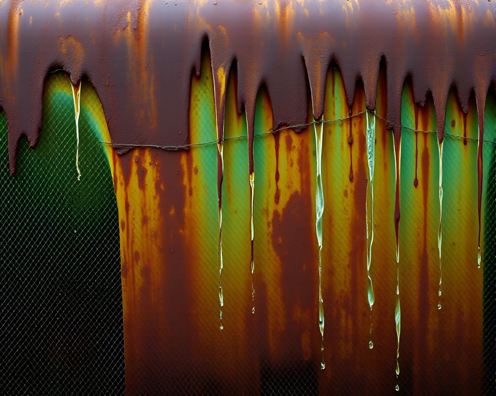 Ethereal waterfall cascading over rust patina rock formation in monochrome green hues