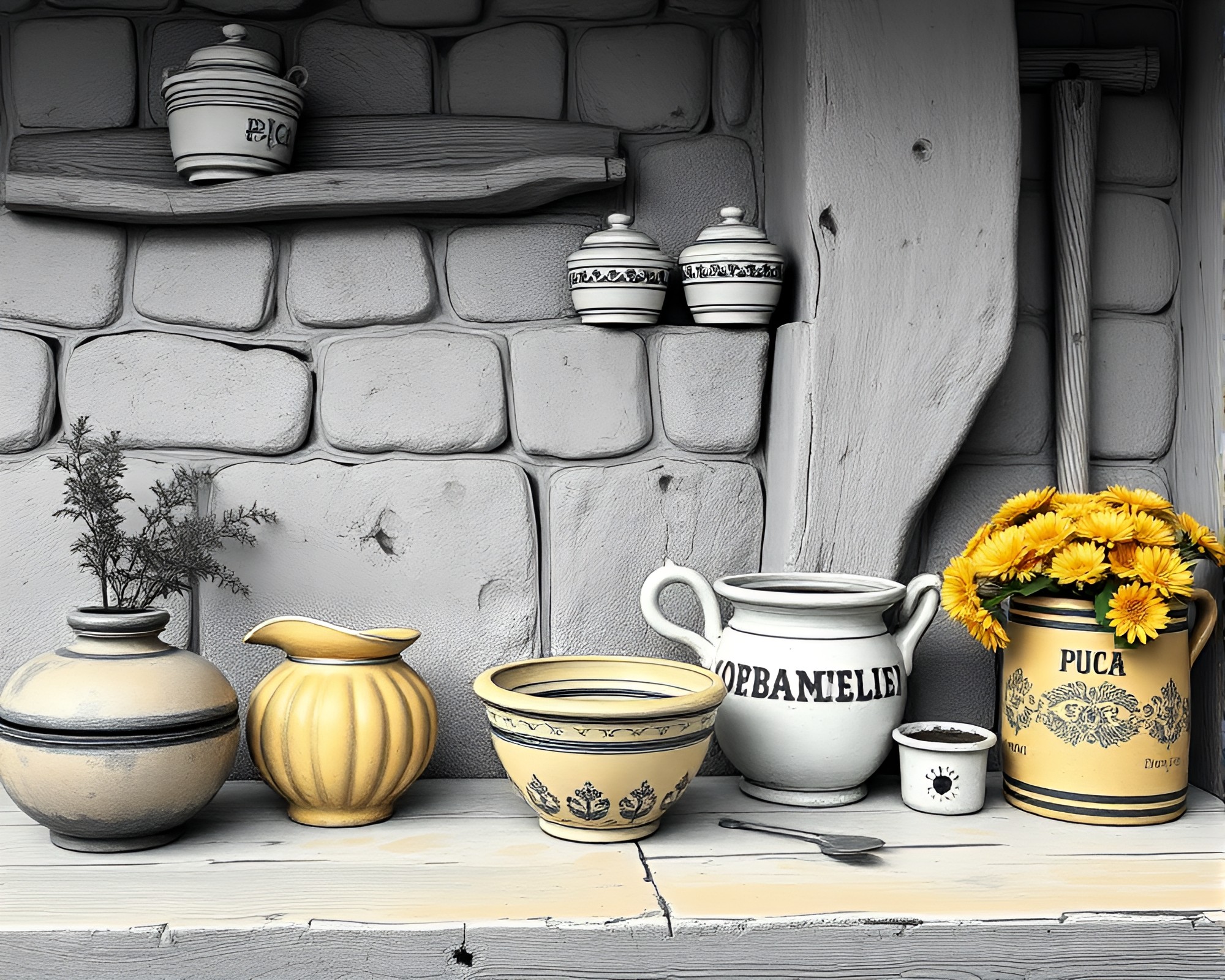 Rustic Pottery Still Life in Monochrome Yellow – free AI stock image