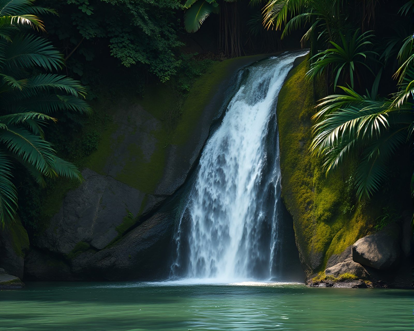 Minimalist design of a tropical waterfall with olive drab tones