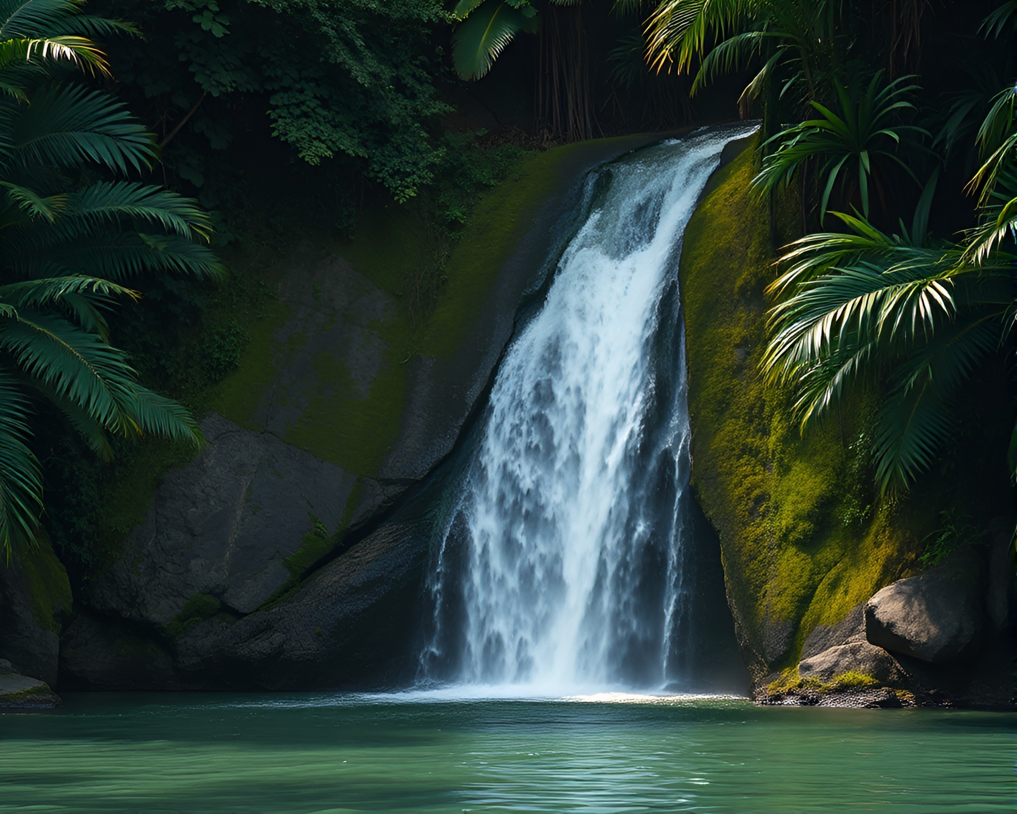 Serenity Found: Tropical Waterfall at Sunset – free AI stock image