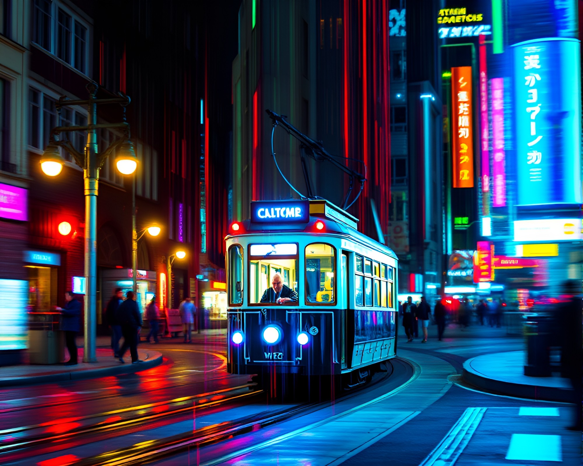 Cubist Cable Car Adventure in Washed-Out Fiber Optic Cityscape – free AI stock image