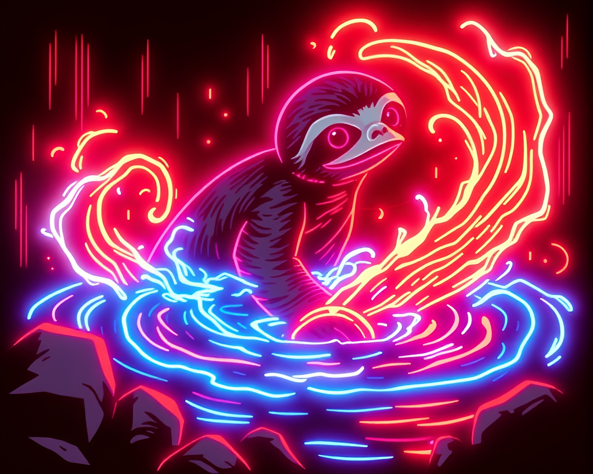Neon sloth surfing ASCII whirlpool – free AI stock image