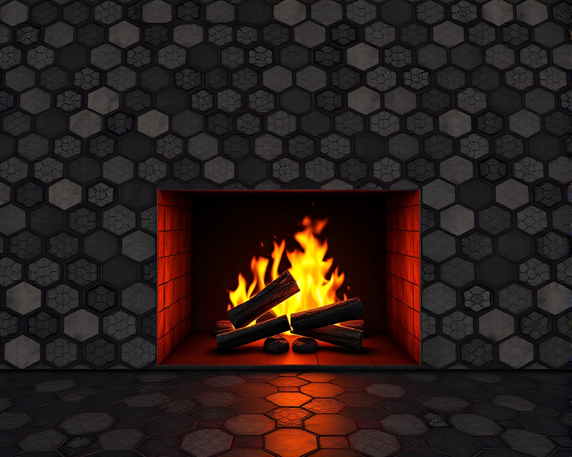 Hexagonal Baguette Mosaic by Fireplace Light – free AI stock image