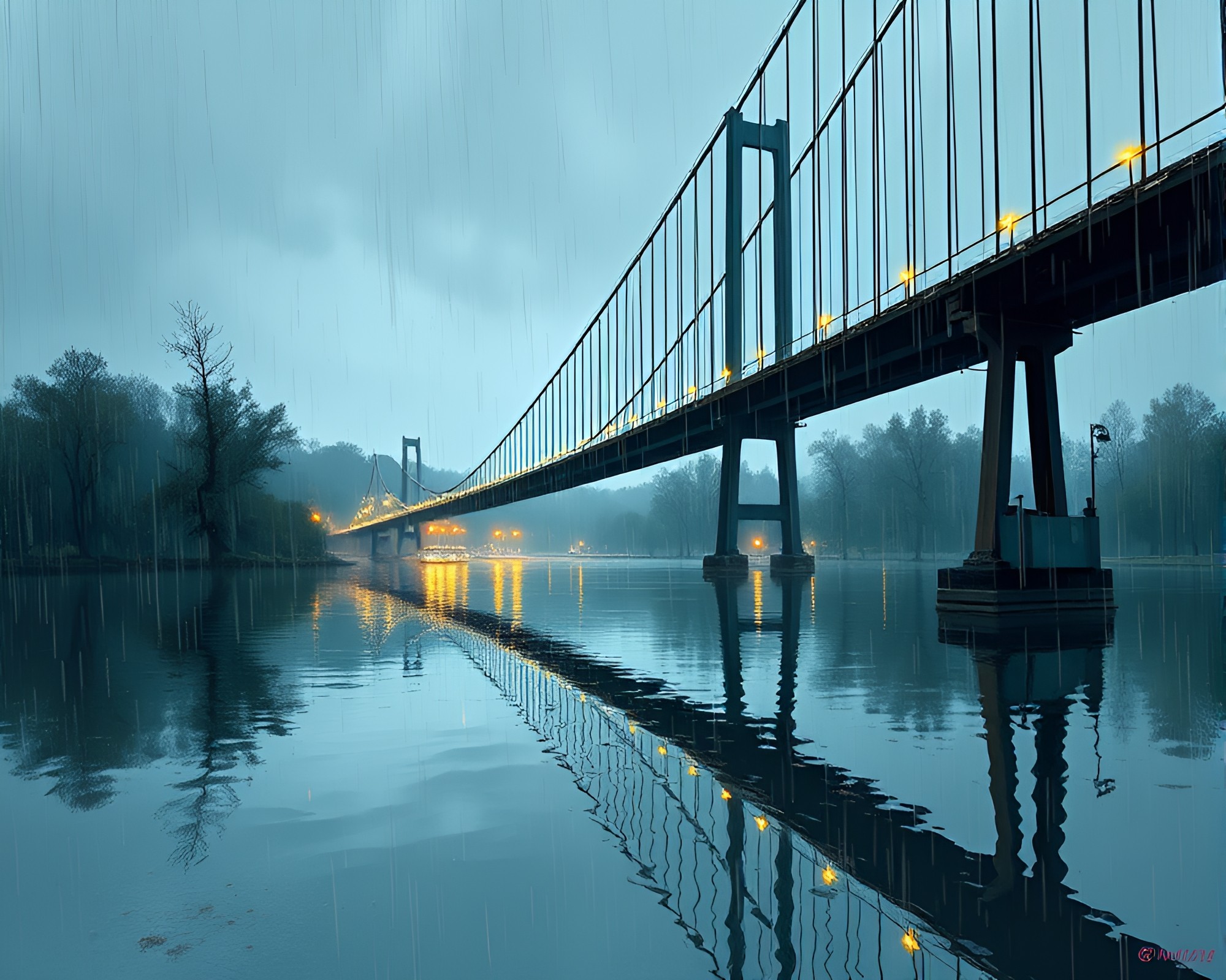 Gloomy Suspension Bridge Reflecting Rainy Skies – free AI stock image