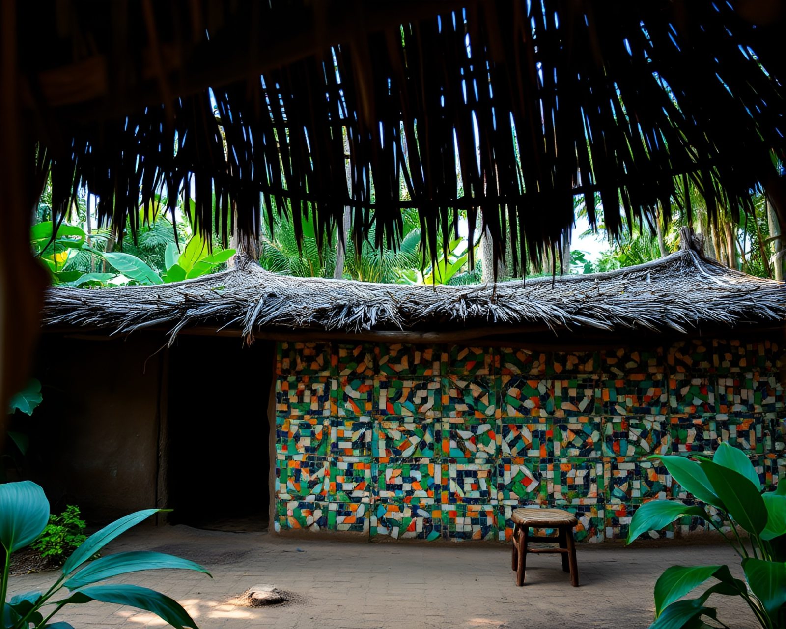 Detailed macro photo of a mud hut in a jungle.