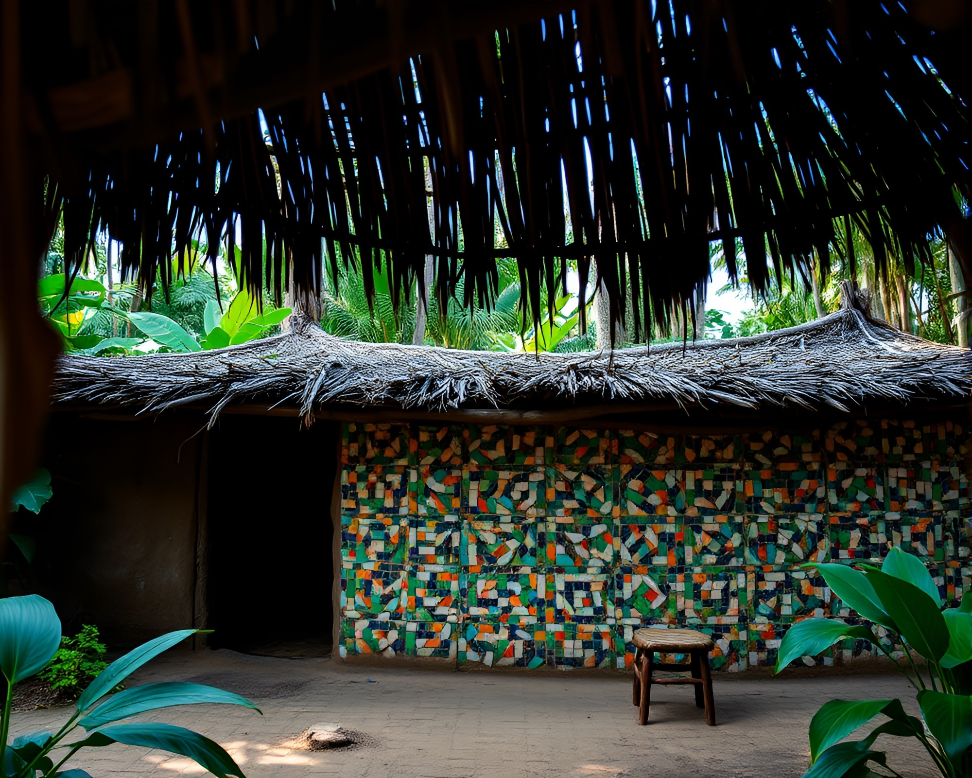 Jungle Canopy Mud Hut Mosaic Macro Photography – free AI stock image