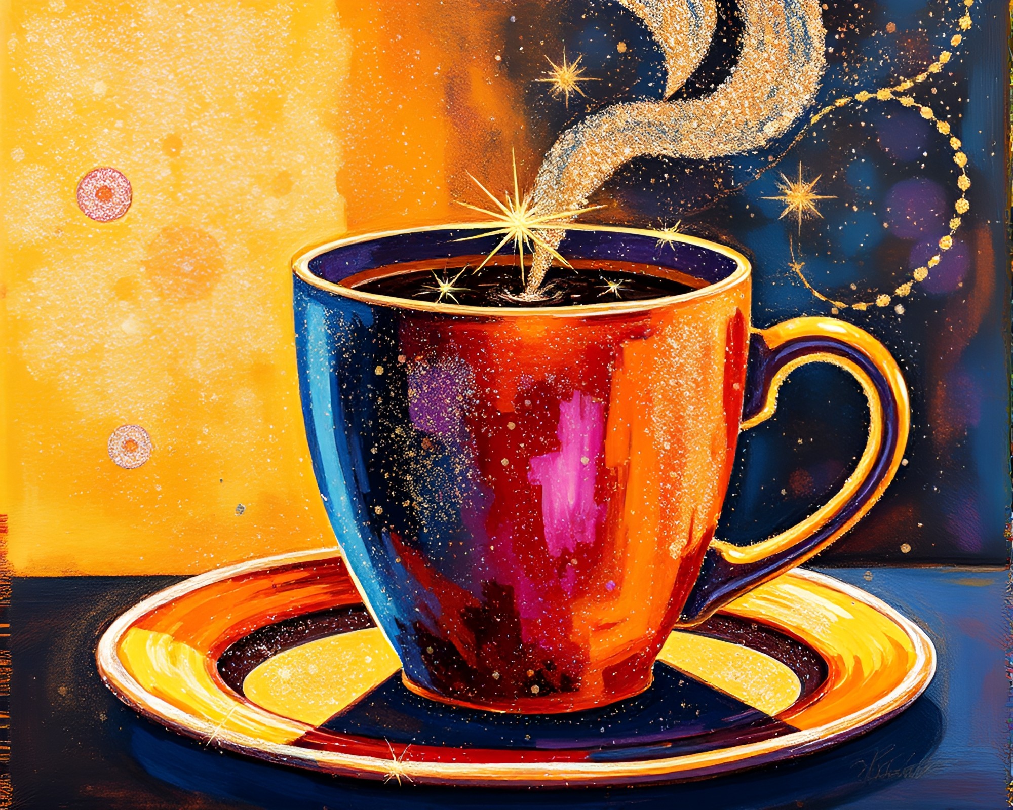 Sunlit Coffee Cup: Stardust Acrylic Painting – free AI stock image
