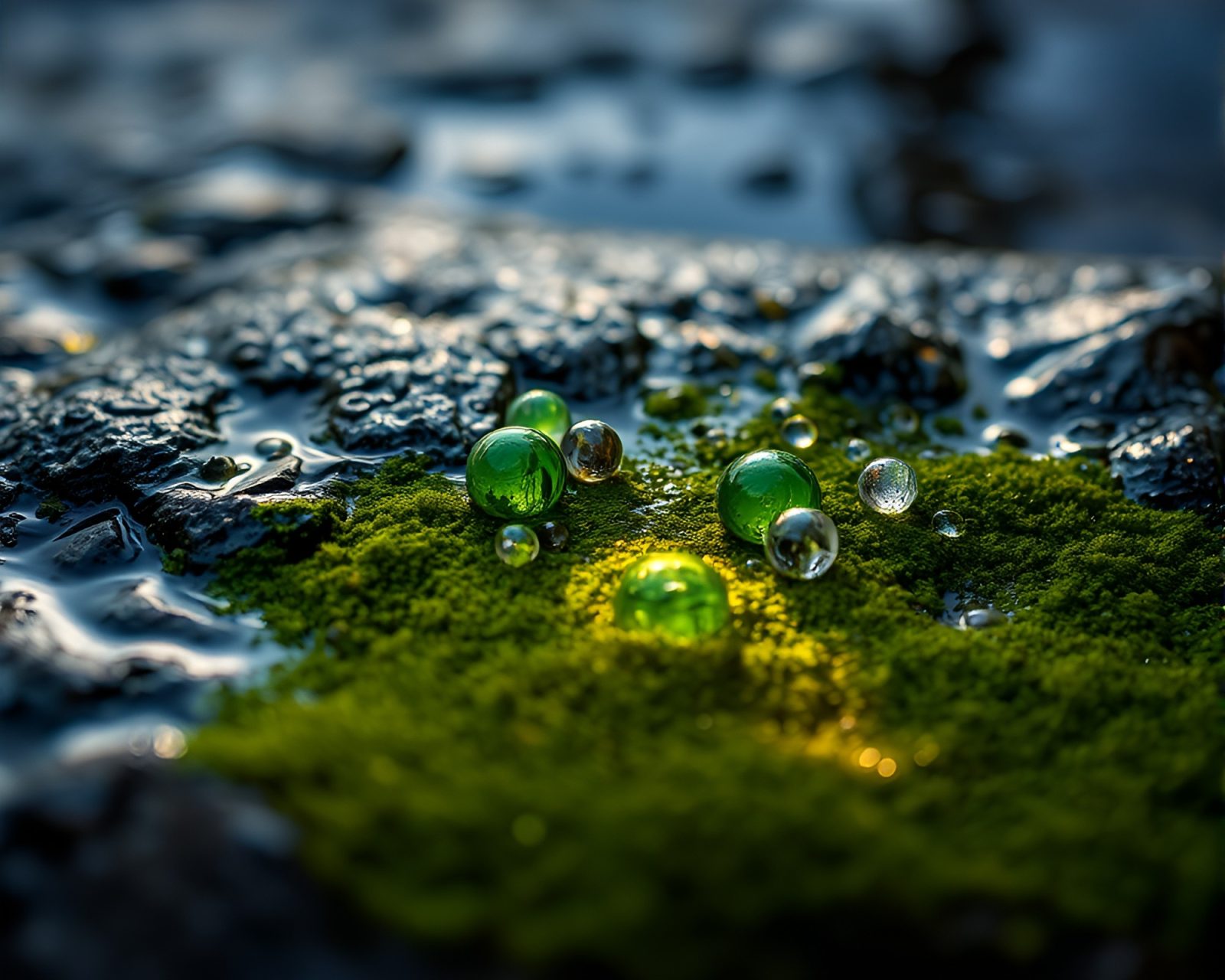 Serene scene of mossy rock with shimmering beads under soft light
