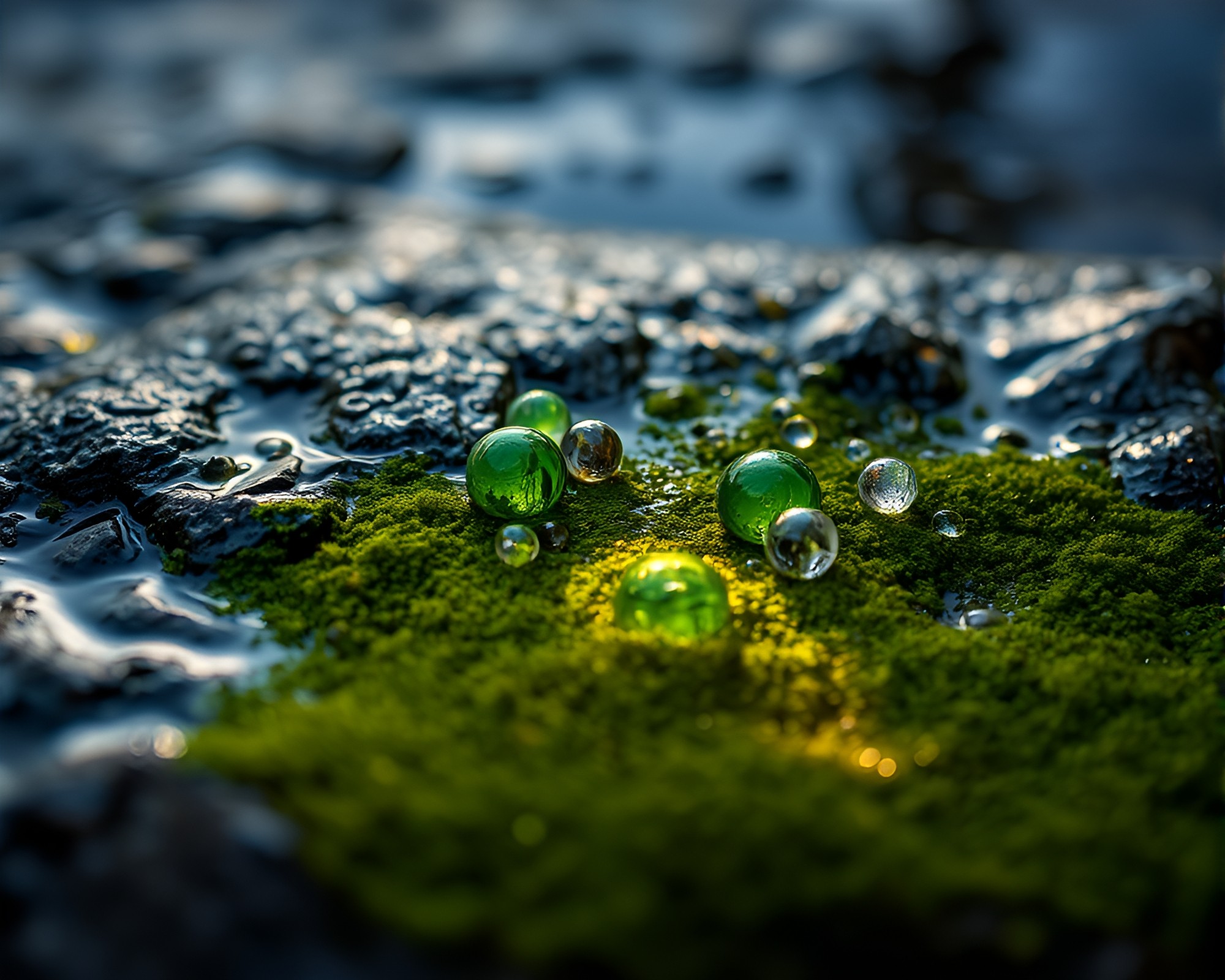 Moss-Covered Rock with Wet Glass Beads in Rim Lighting – free AI stock image