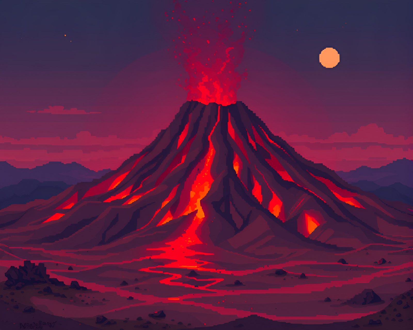 Pixel art scene of desert with glowing red light on fabric folds