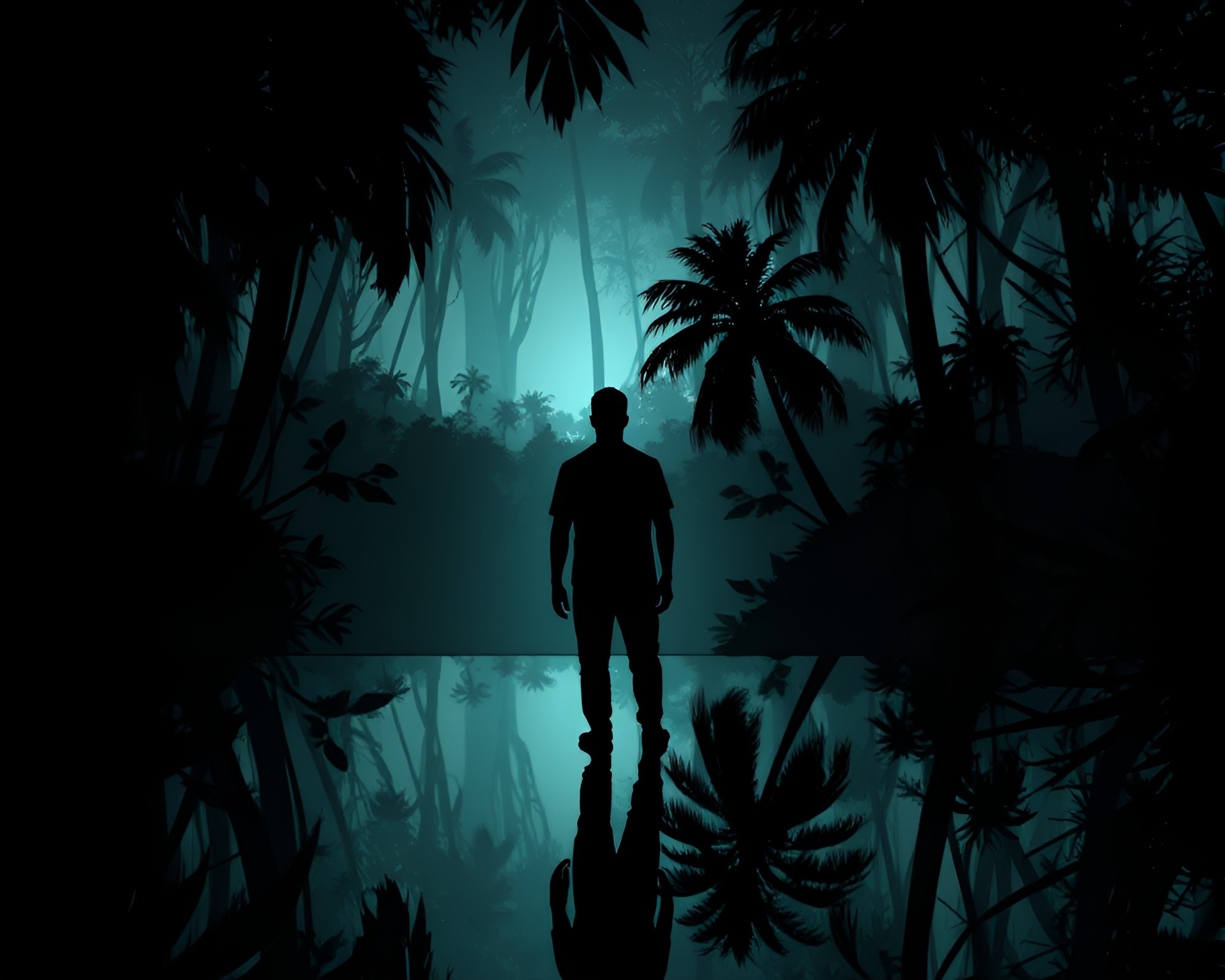 Jungle Reflection: Holographic Silhouette – free AI stock image