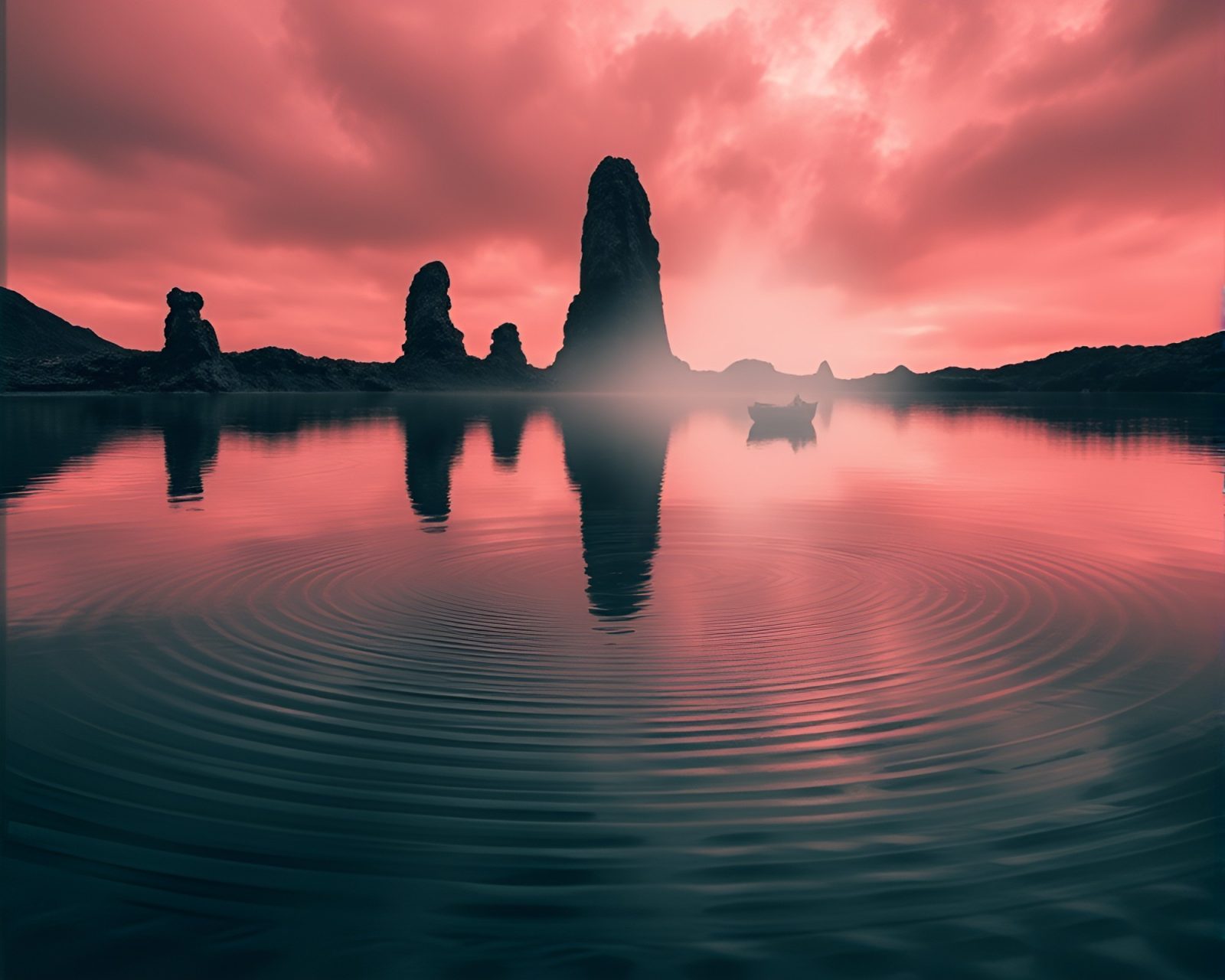 Statue emerging from volcanic ash tinted reflections with ASCII art style