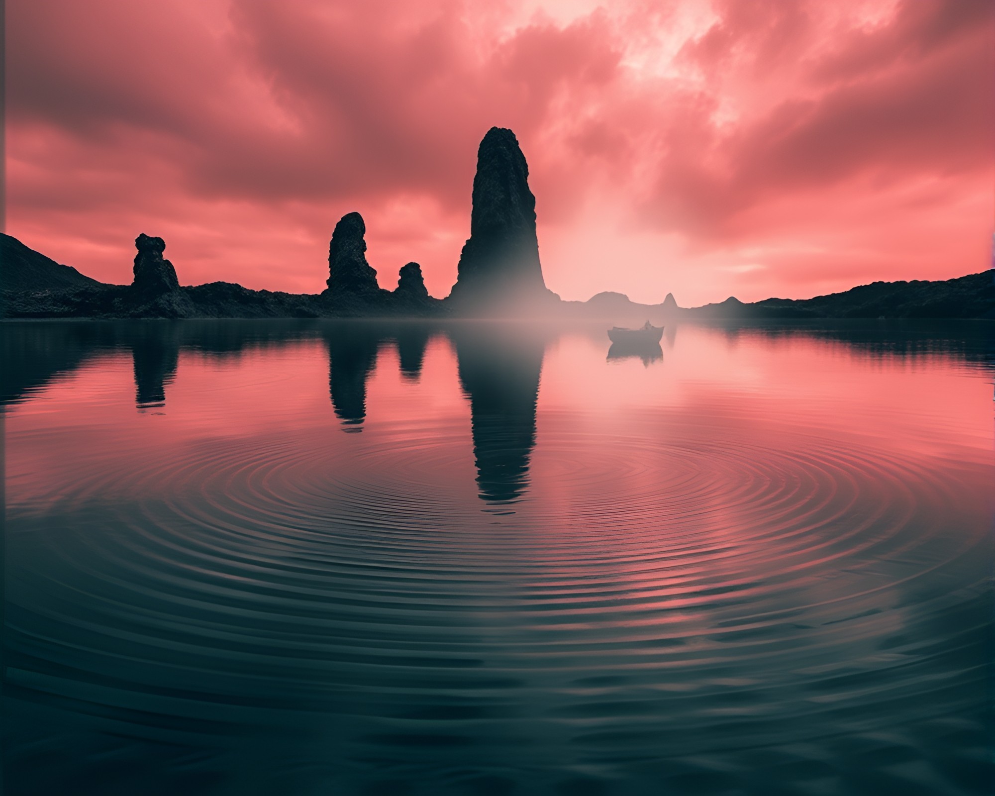 Mystical Statue Reflected in Ripples of Ash-Tinted Water – free AI stock image