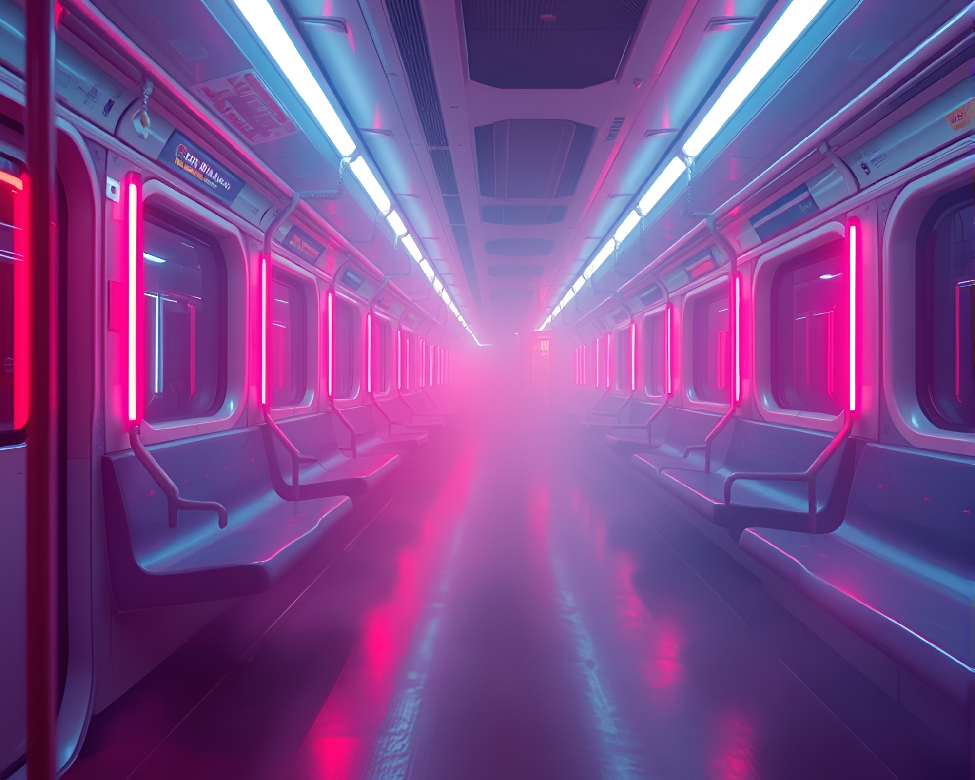Neon Train Glowing Through Misty Divisionist Landscape – free AI stock image