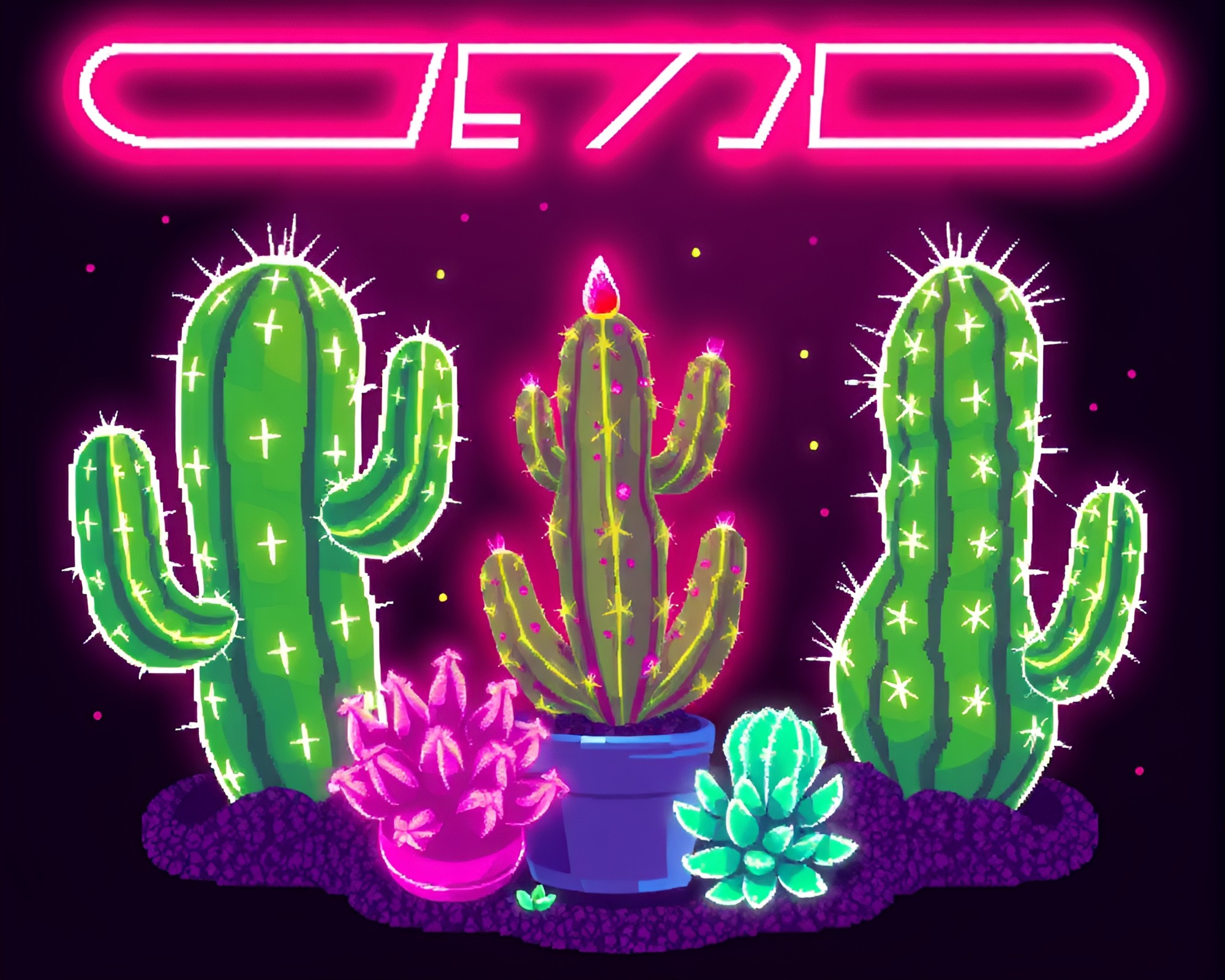Electric Desert Oasis: Neon Cactus Pixel Art – free AI stock image