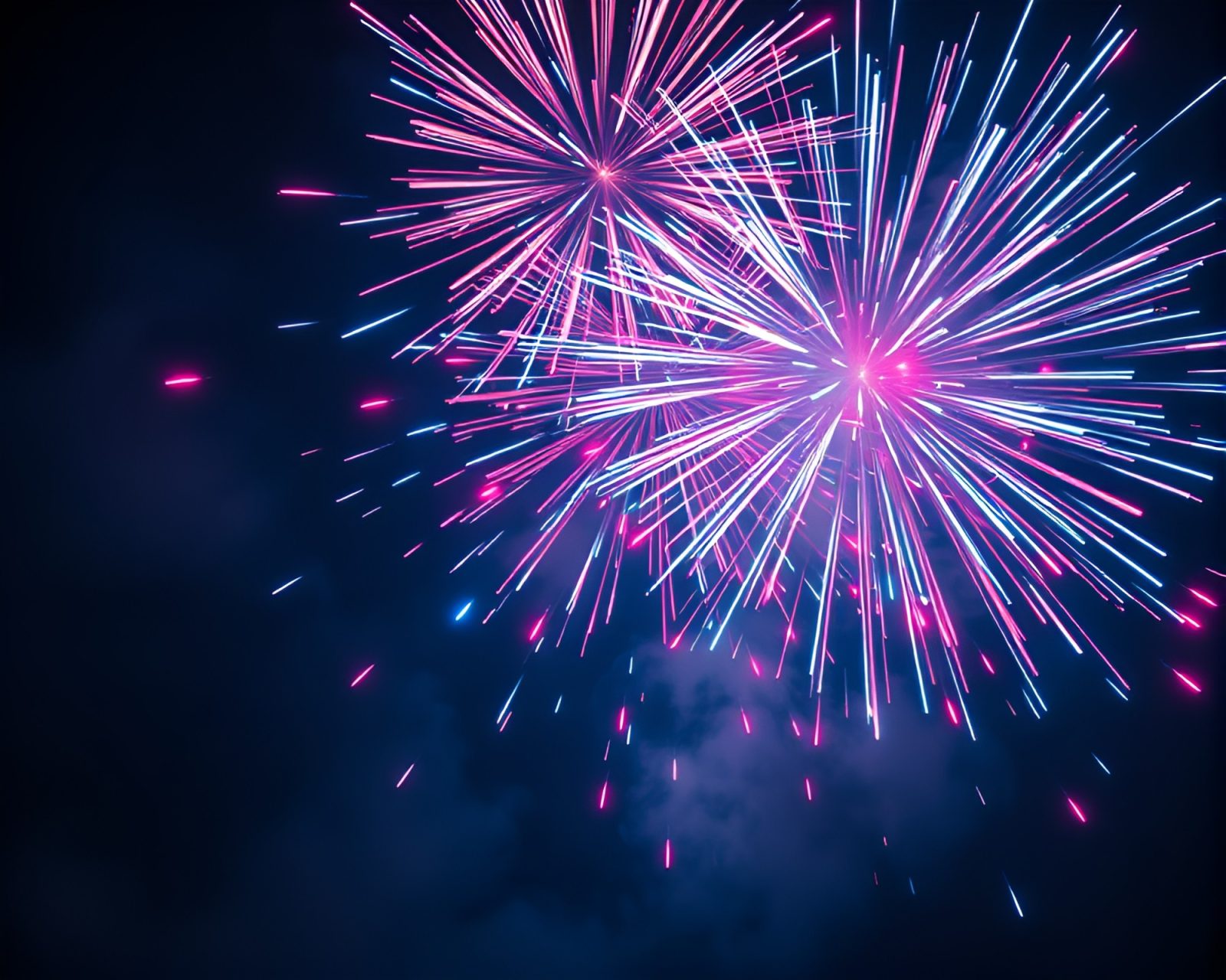 Vibrant fireworks bursts against dark indigo sky with optical illusions