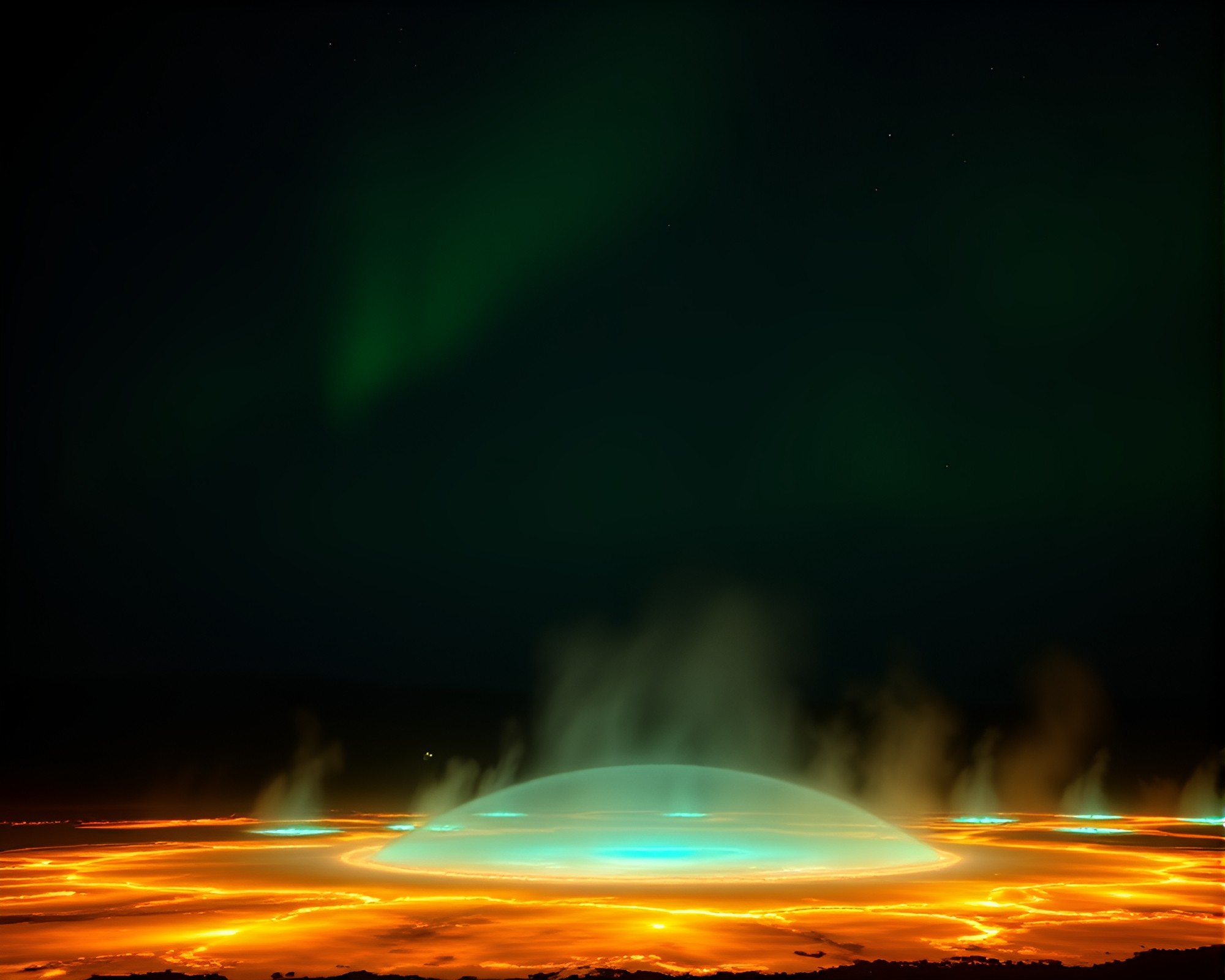 Bioluminescent bubble clusters in geyser field – free AI stock image