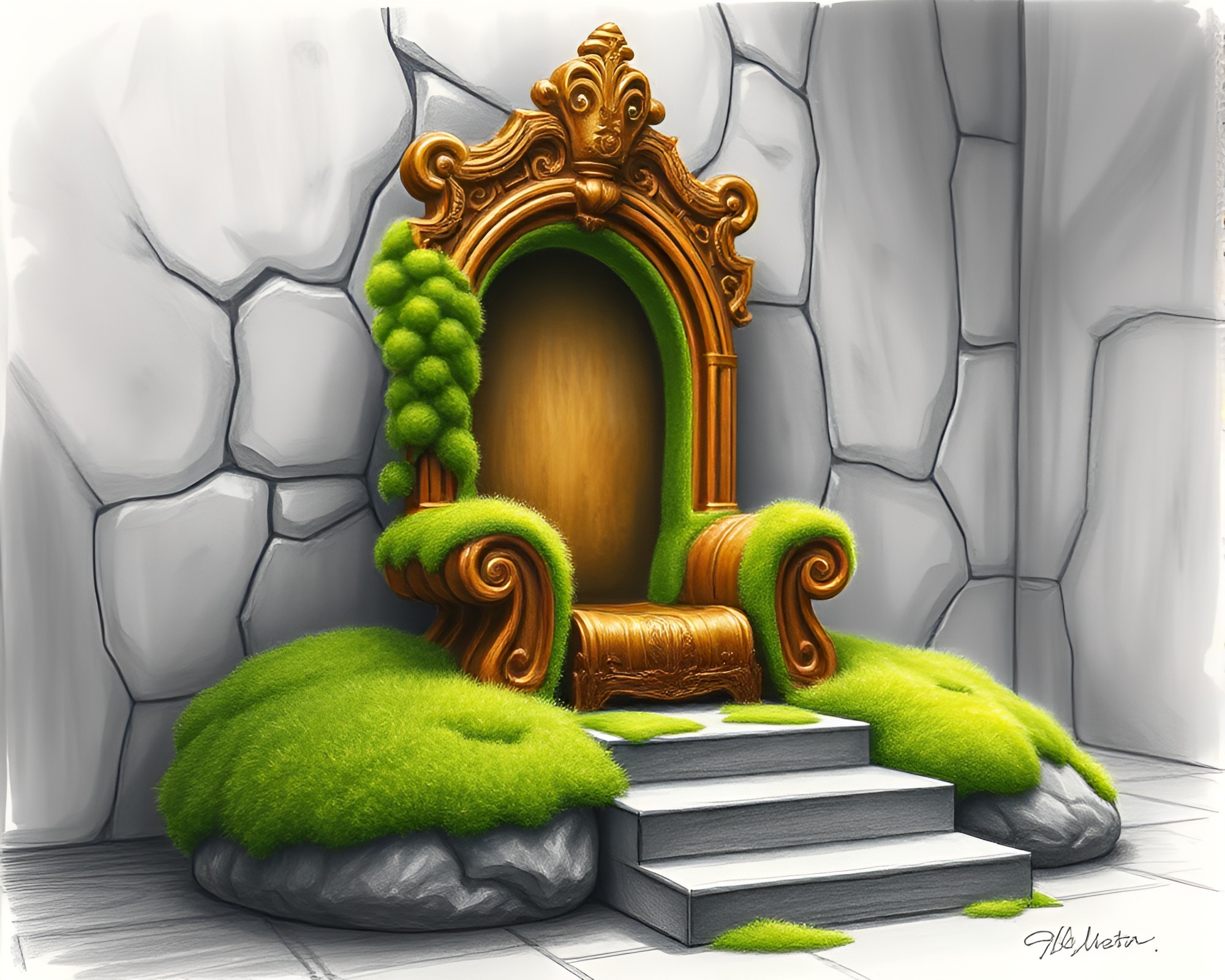 Moss-Covered Croissant in Majestic Pencil Sketch Throne Room – free AI stock image