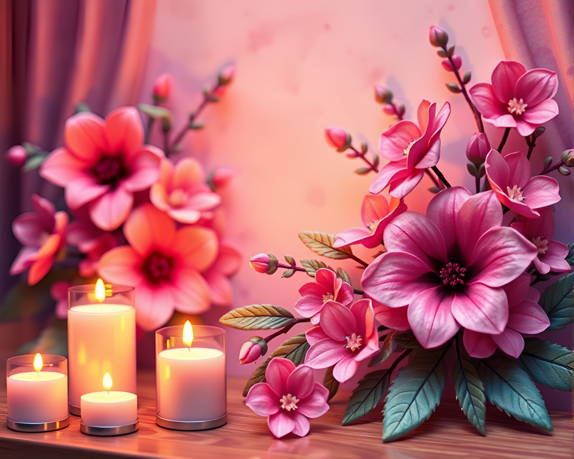 Dreamy Watercolor Blooms in Voxel Art Candlelight – free AI stock image