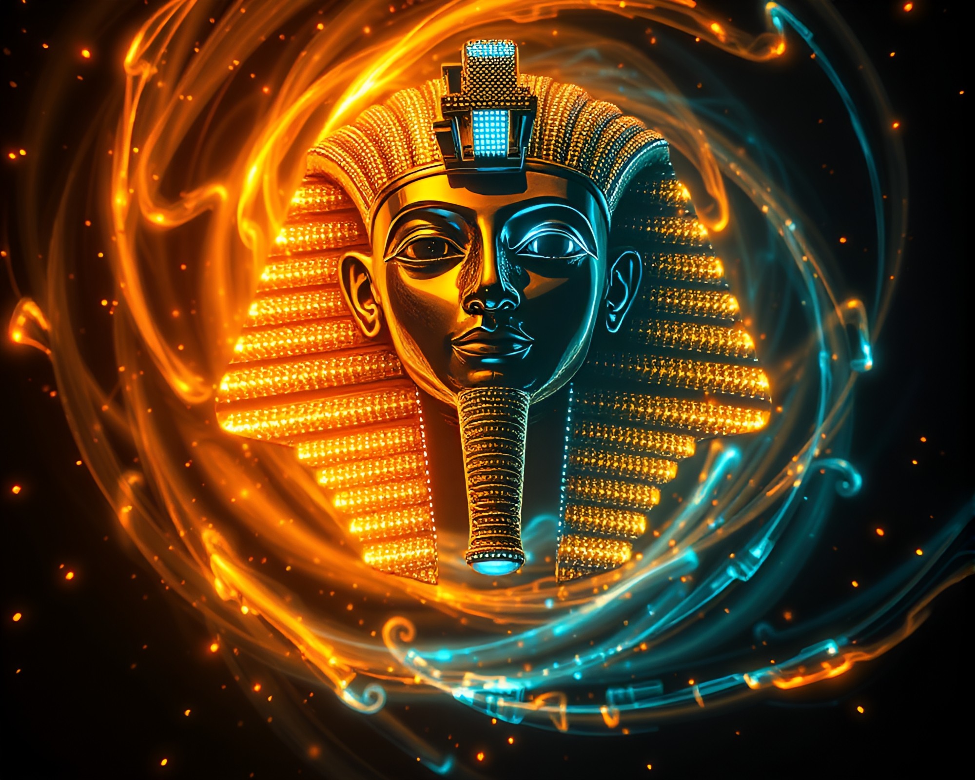 Mystical Pharaoh Mask Swirling LED Vortex Art – free AI stock image