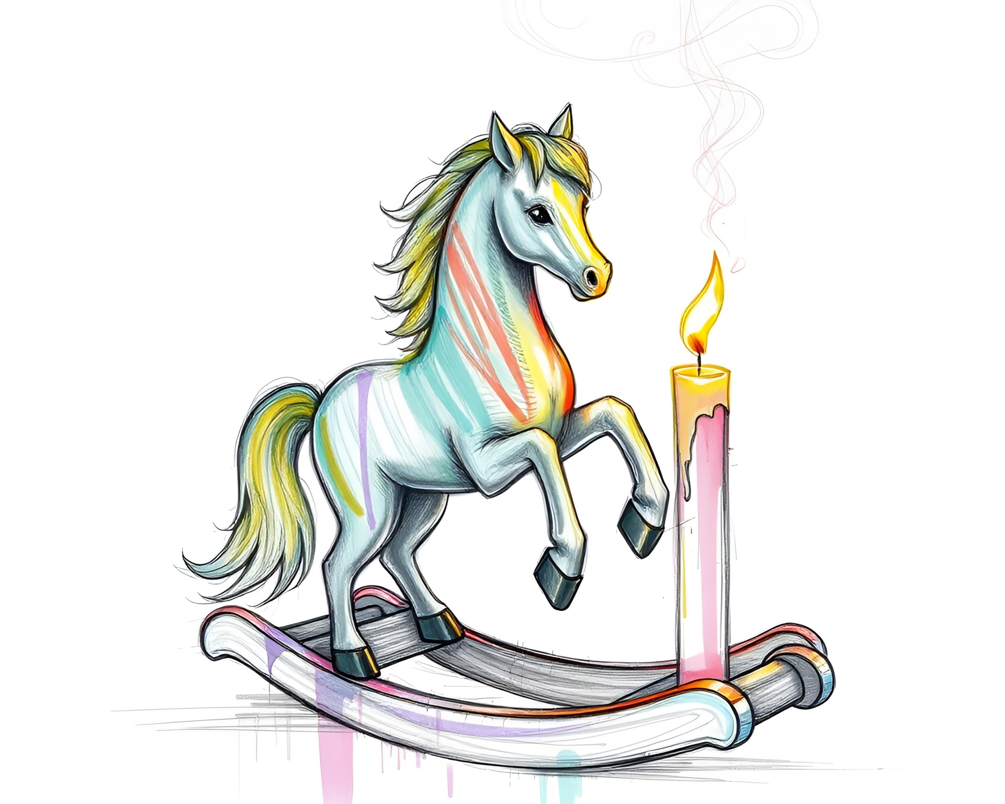 Whimsical Wooden Rocking Horse Emitting Glitchy Candle Smoke – free AI stock image