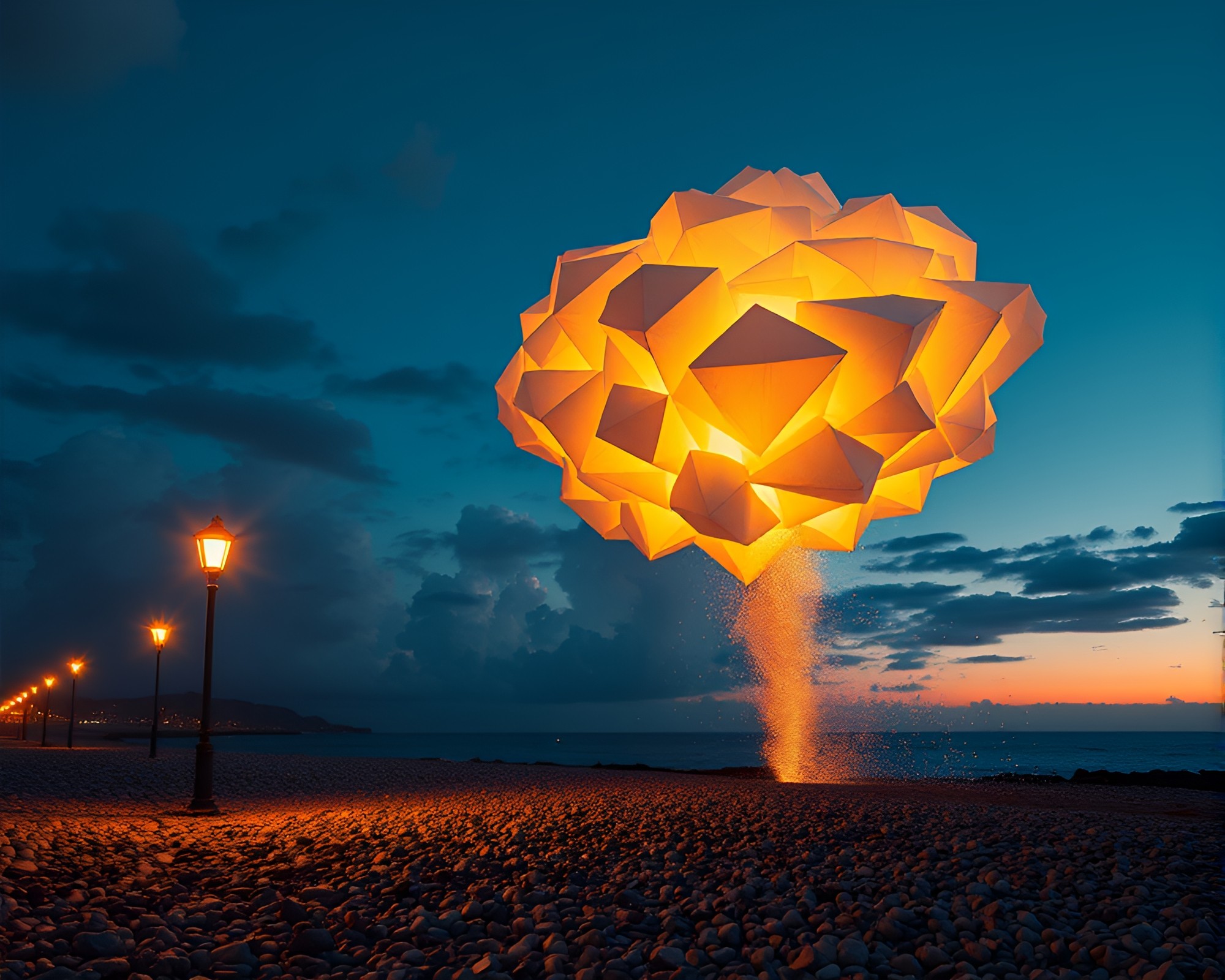 Explosive Origami Sculpture on Pebble Beach at Night – free AI stock image