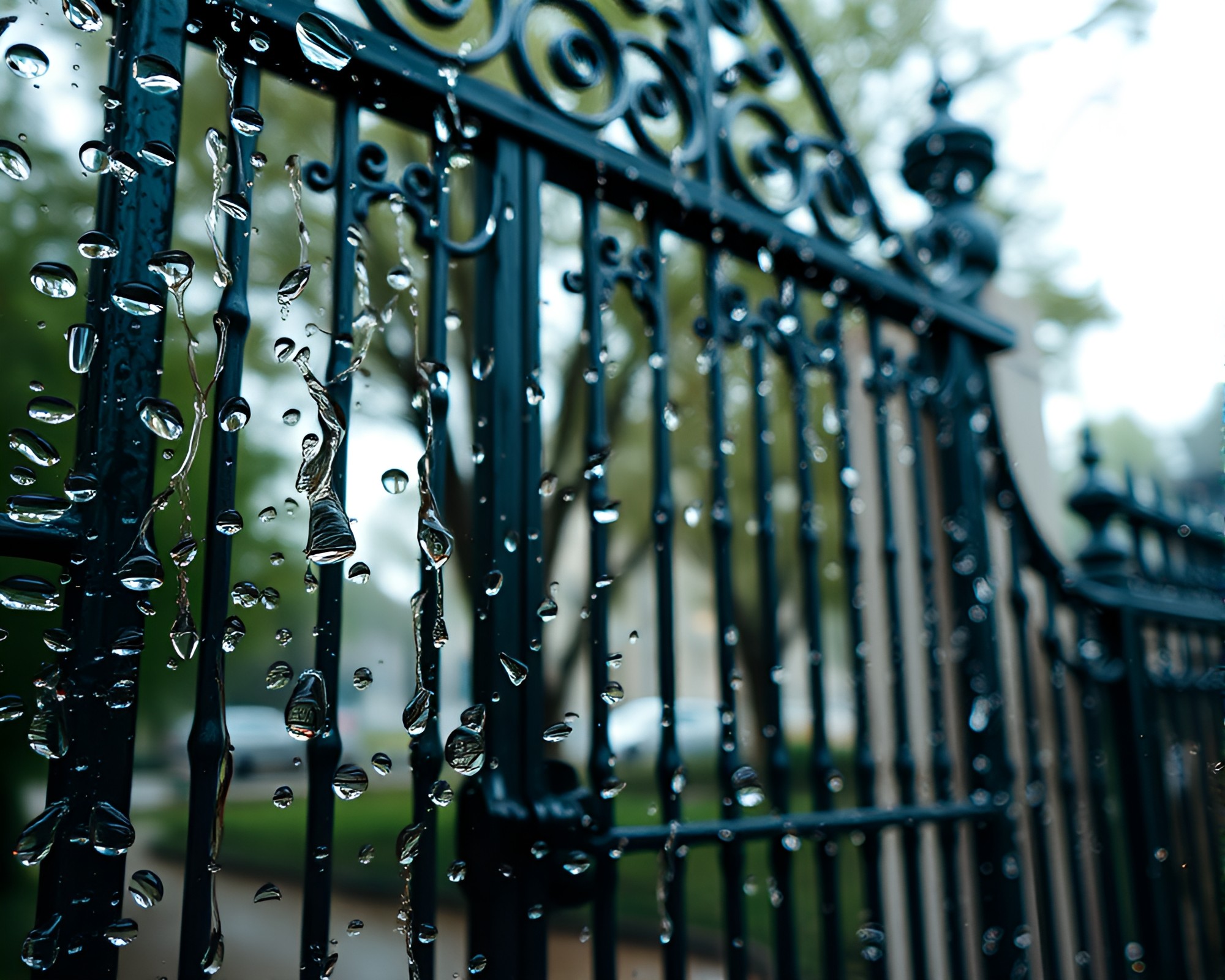 Raindrop-covered Wrought Iron Gate in Surreal Subsurface Scattering – free AI stock image