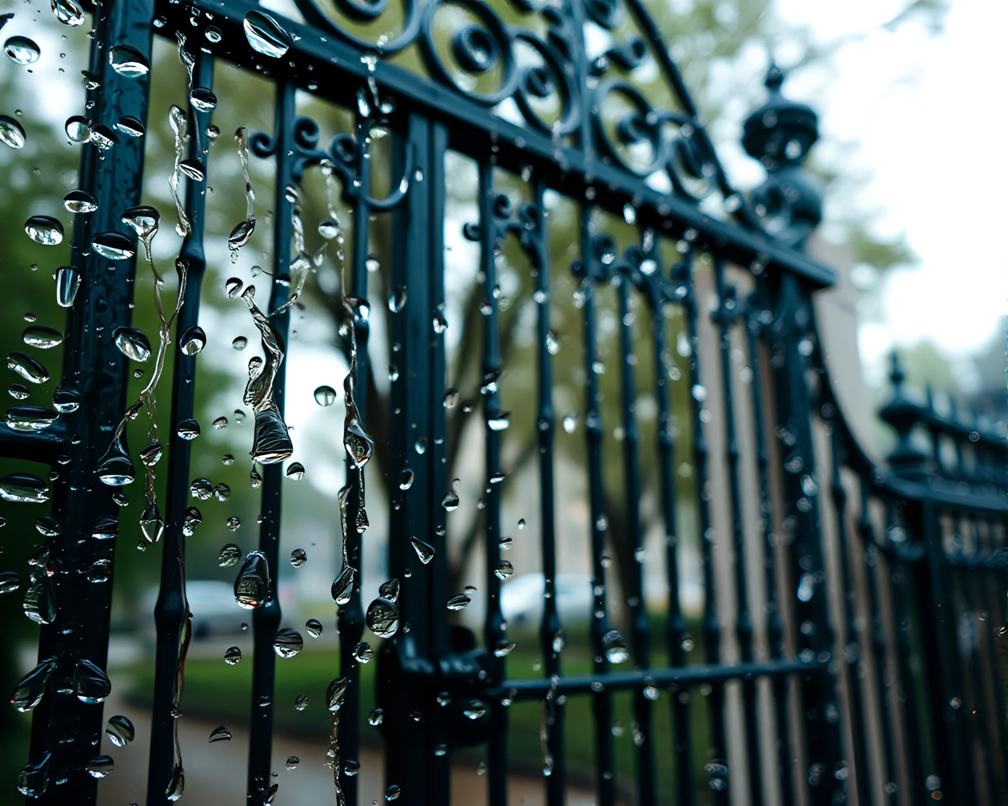 Raindrop-covered Wrought Iron Gate in Surreal Subsurface Scattering