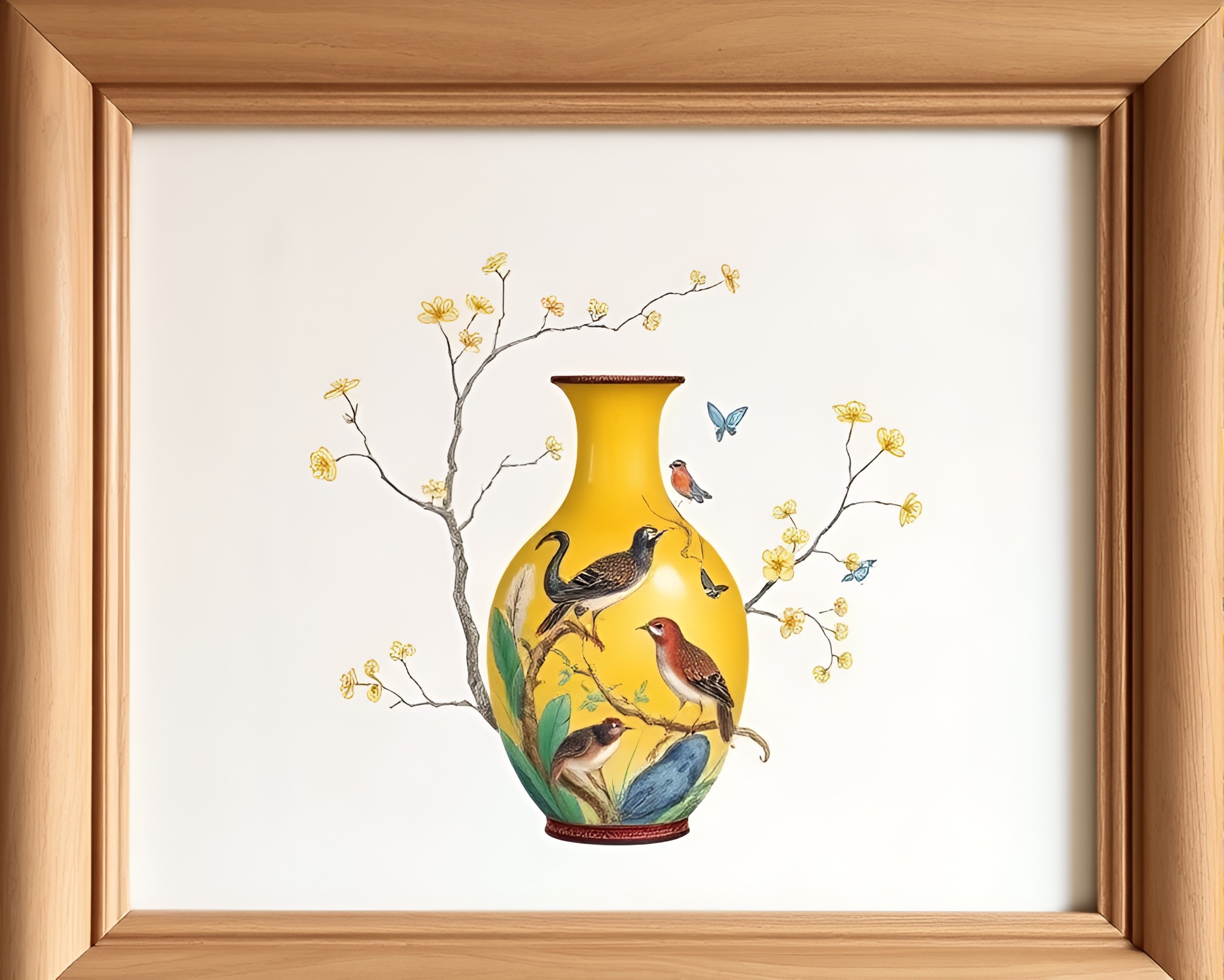 Elegant Wildlife Watercolor with Cloisonné Vase Frame – free AI stock image