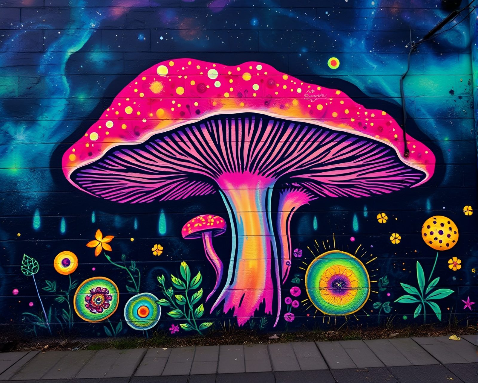 A striking mural of luminescent fungi against cosmic nebula background