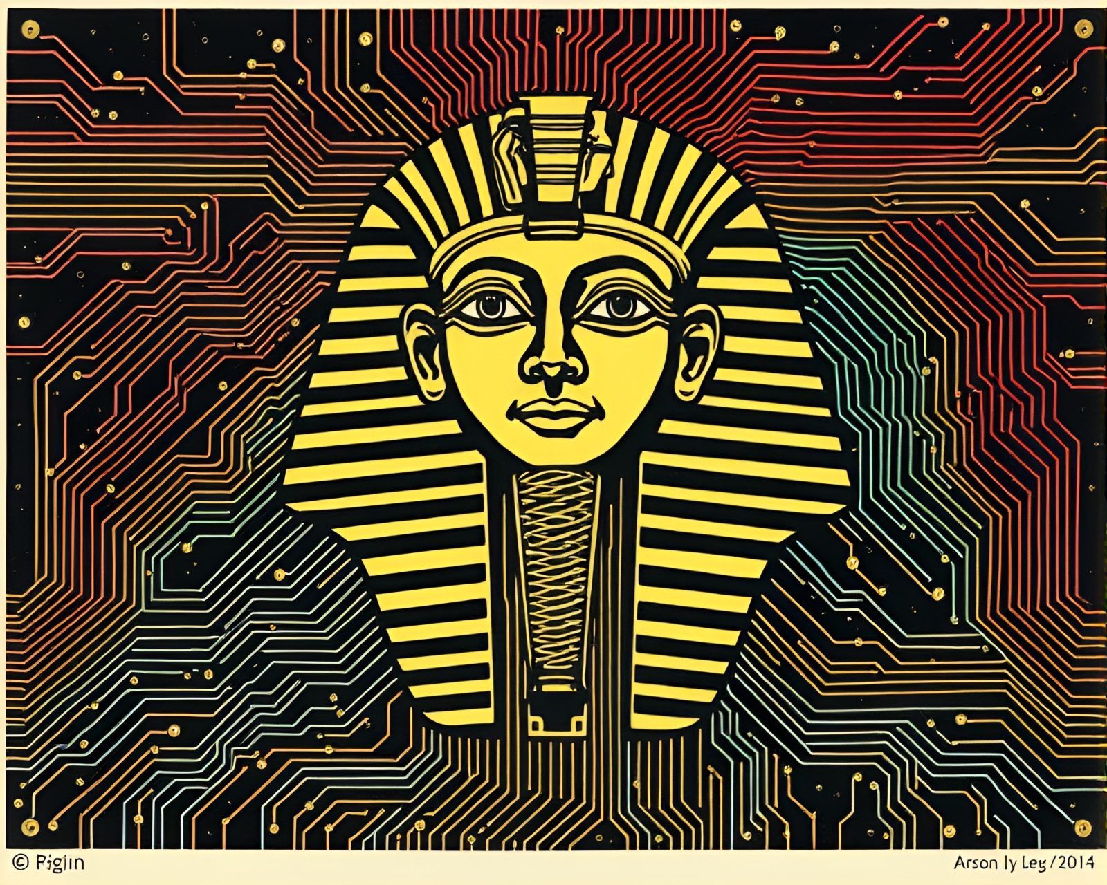 A linocut print of Pharaoh's mask overlaid on circuit board with cosmic rainbow lighting