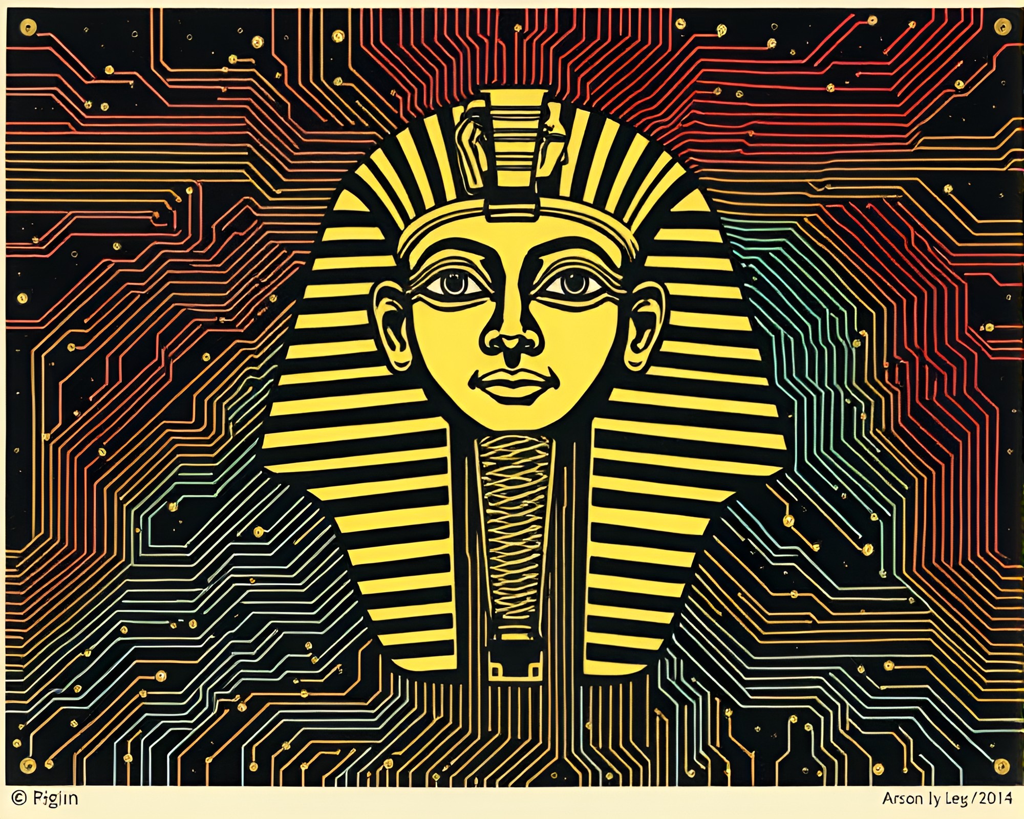 Pharaoh’s Mask in Cosmic Circuit Board Print – free AI stock image