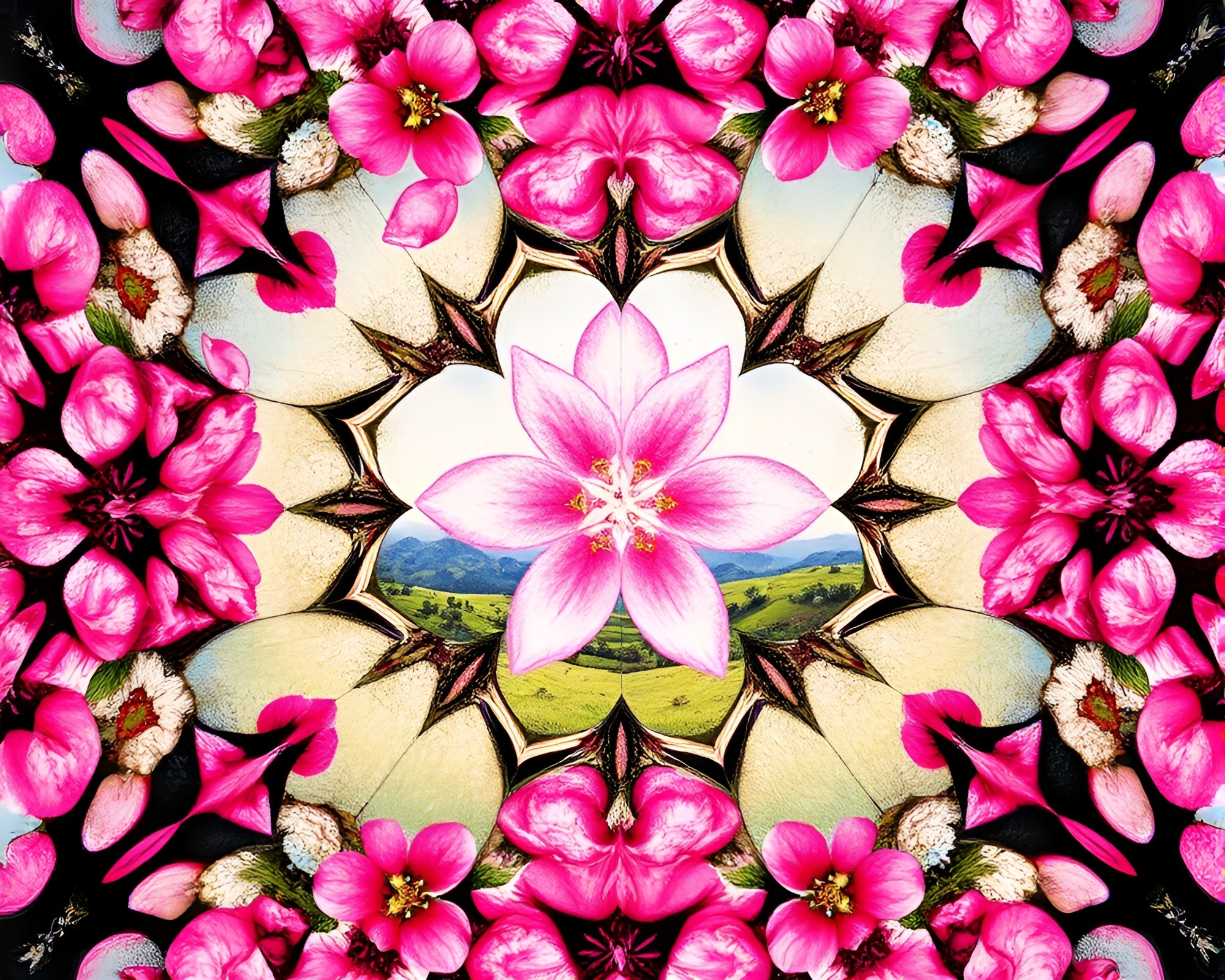 Spring Blossom Kaleidoscope Landscape Etching – free AI stock image