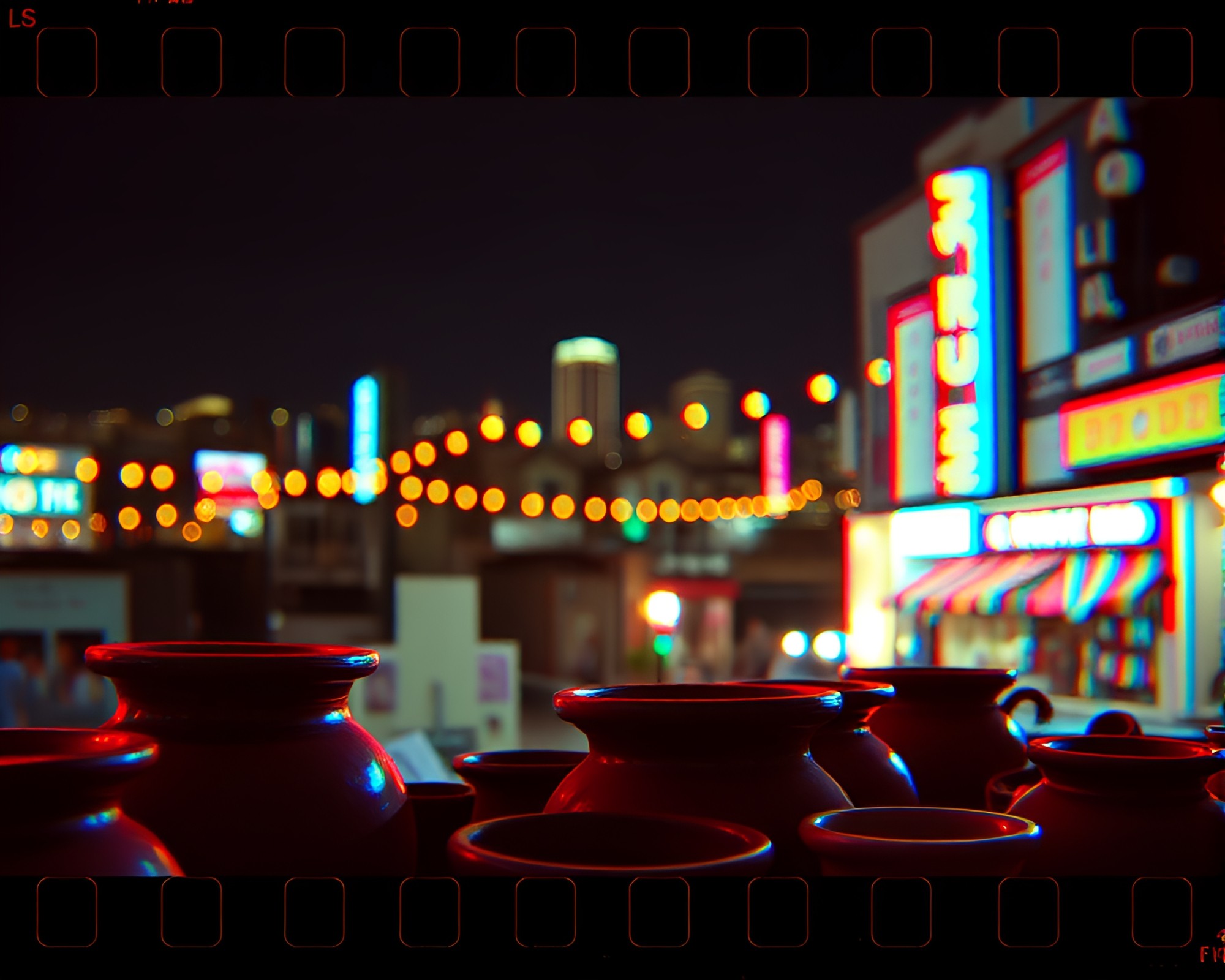 Rustic Pottery City Lights Film Sprocket Anaglyph – free AI stock image