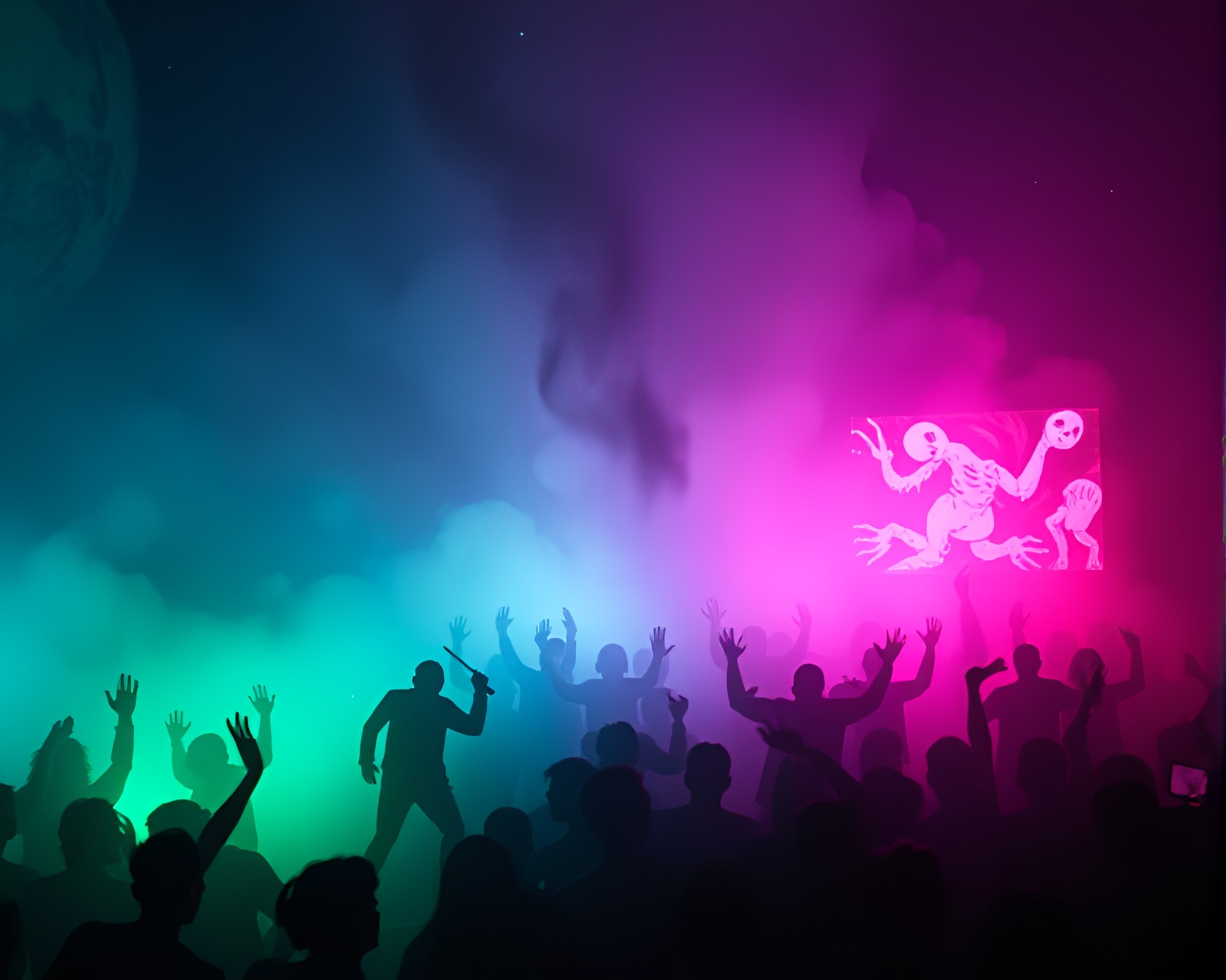 Cosmic Horror Crowd Silhouette in Fluorescent Glow – free AI stock image