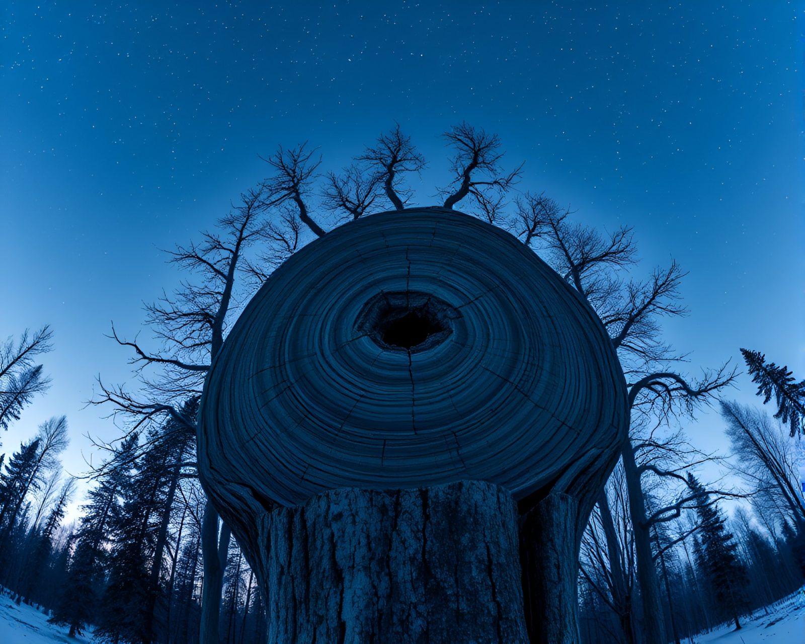 Stereoscopic armor pattern among frozen tree rings at dusk