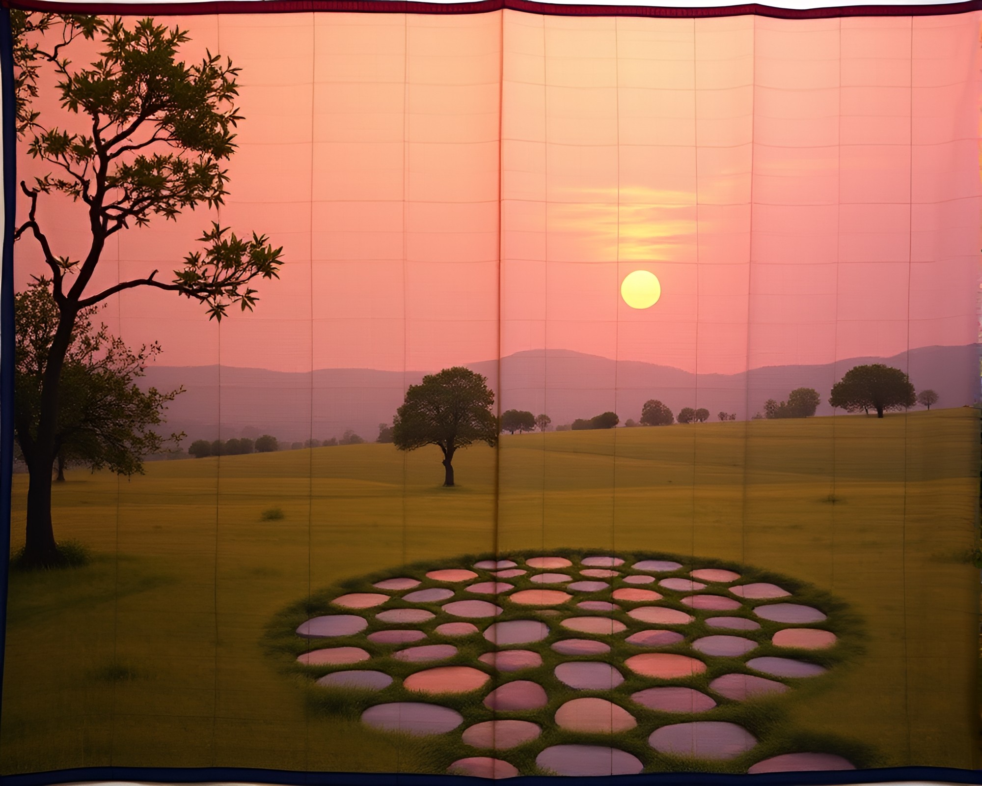 Sunset Stone Circle in Checkered Cloth Simulation – free AI stock image