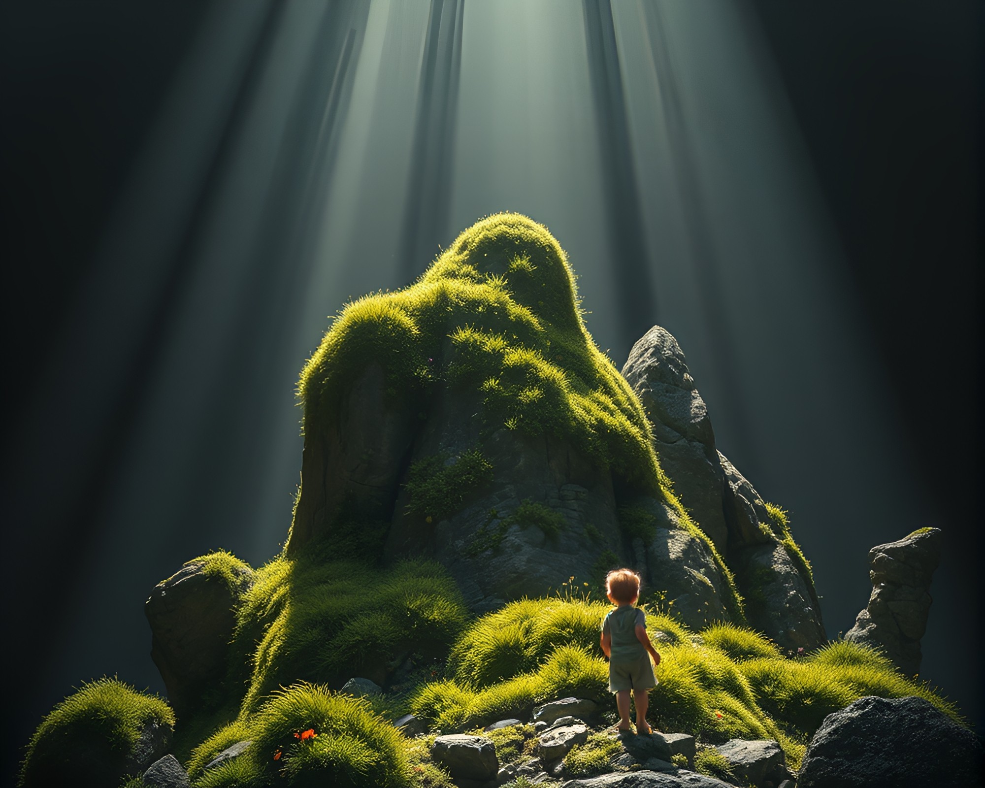 Enchanted Moss-Covered Rock Bathed in Ethereal God Rays – free AI stock image