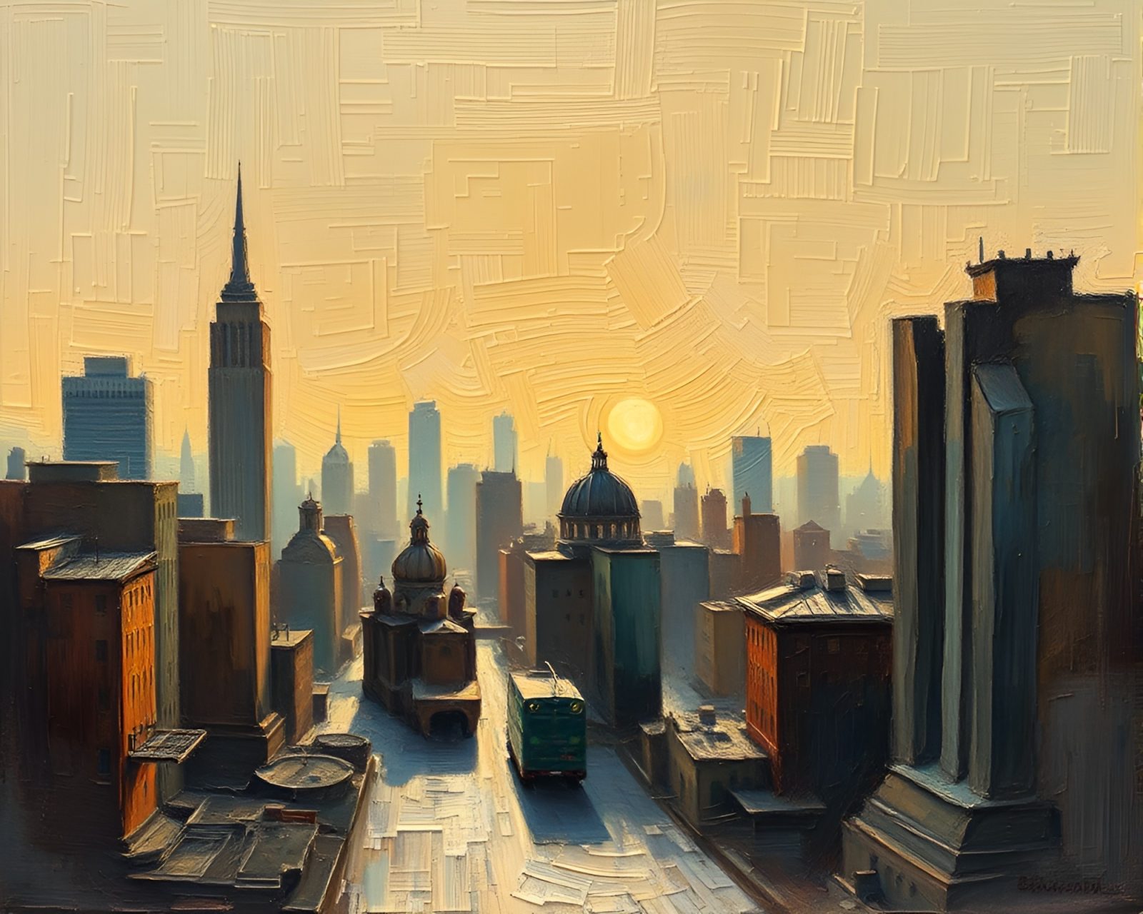 Virtual cityscape in oil impasto with earth tone lighting