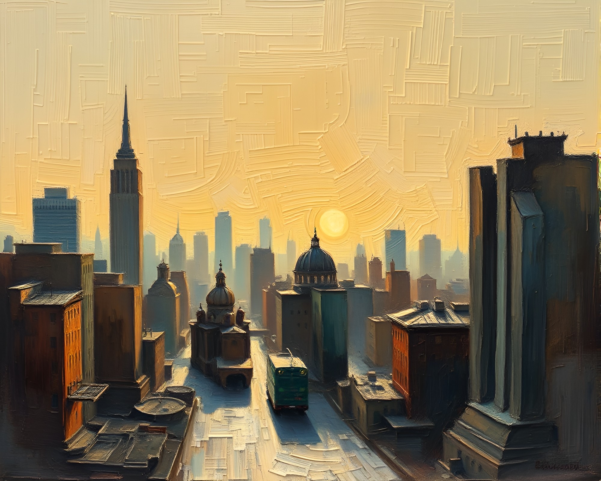 Impasto Virtual Cityscape with Earth Tone Lighting – free AI stock image