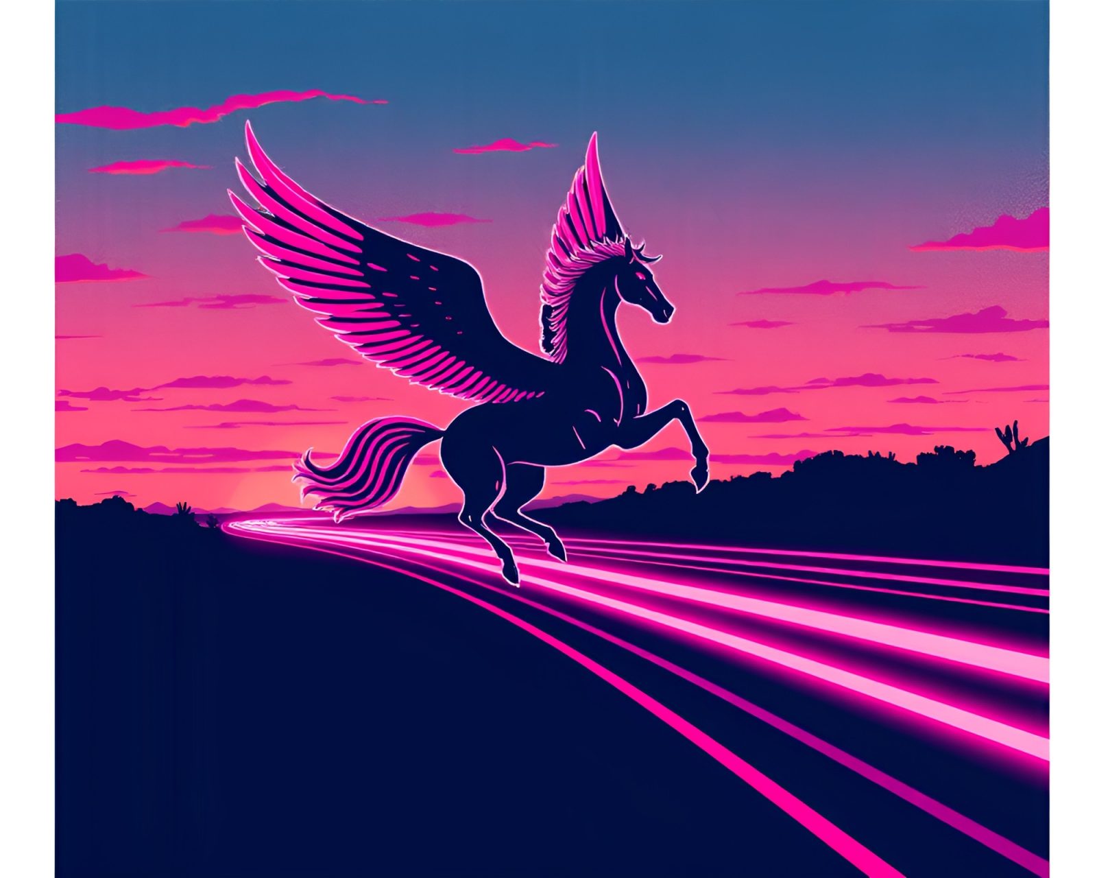 Pink glow surrounds pixel art Pegasus amidst car light trails