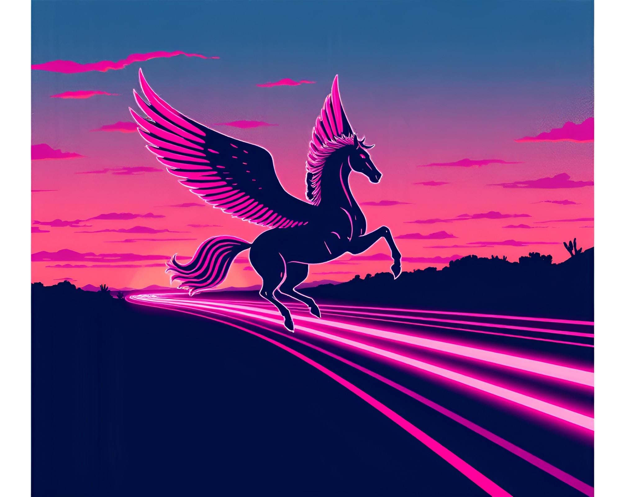 Sunrise Pegasus Gallops Through Retro Light Trails – free AI stock image